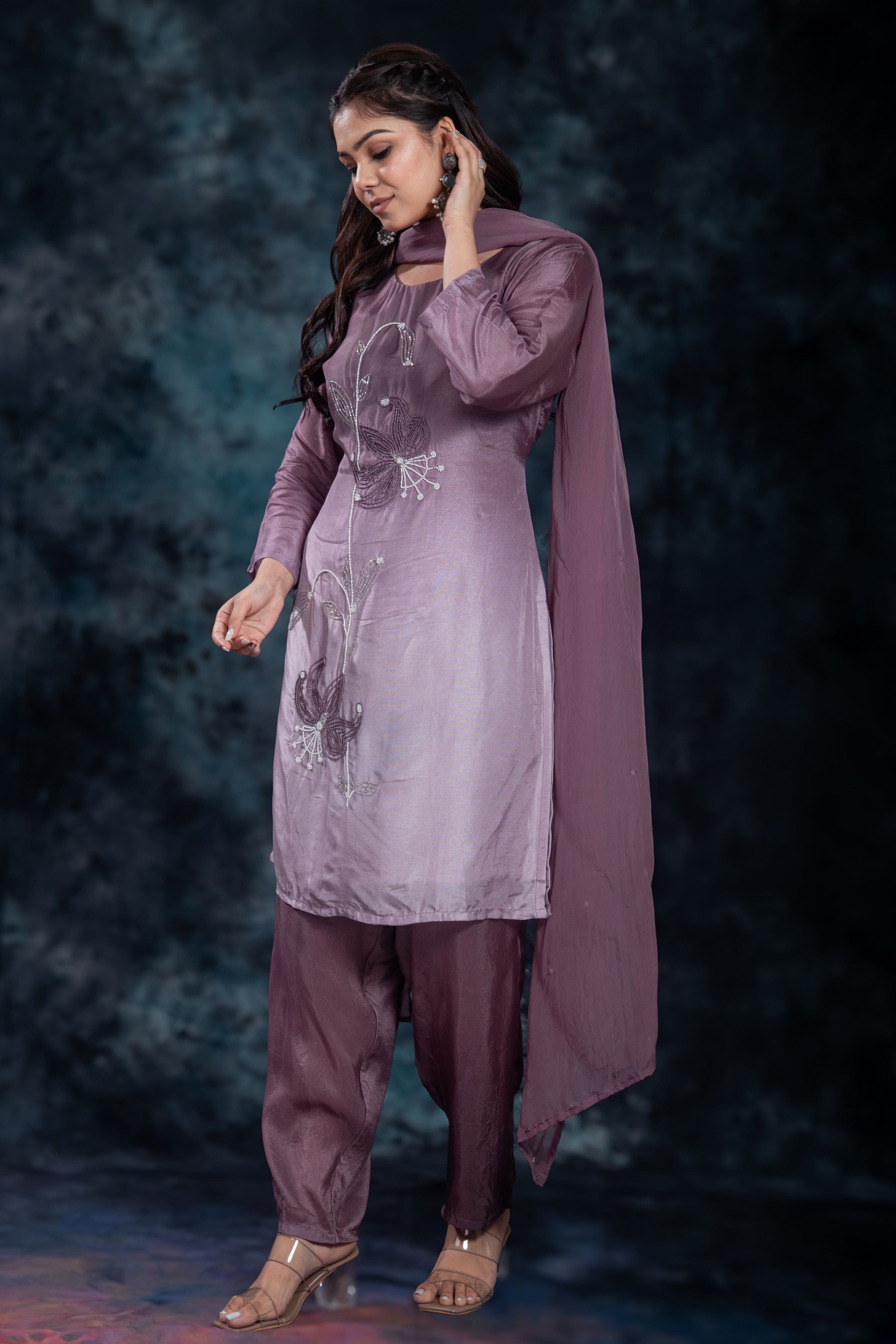 Deep Mauve Embellished Premium Silk Pants Set