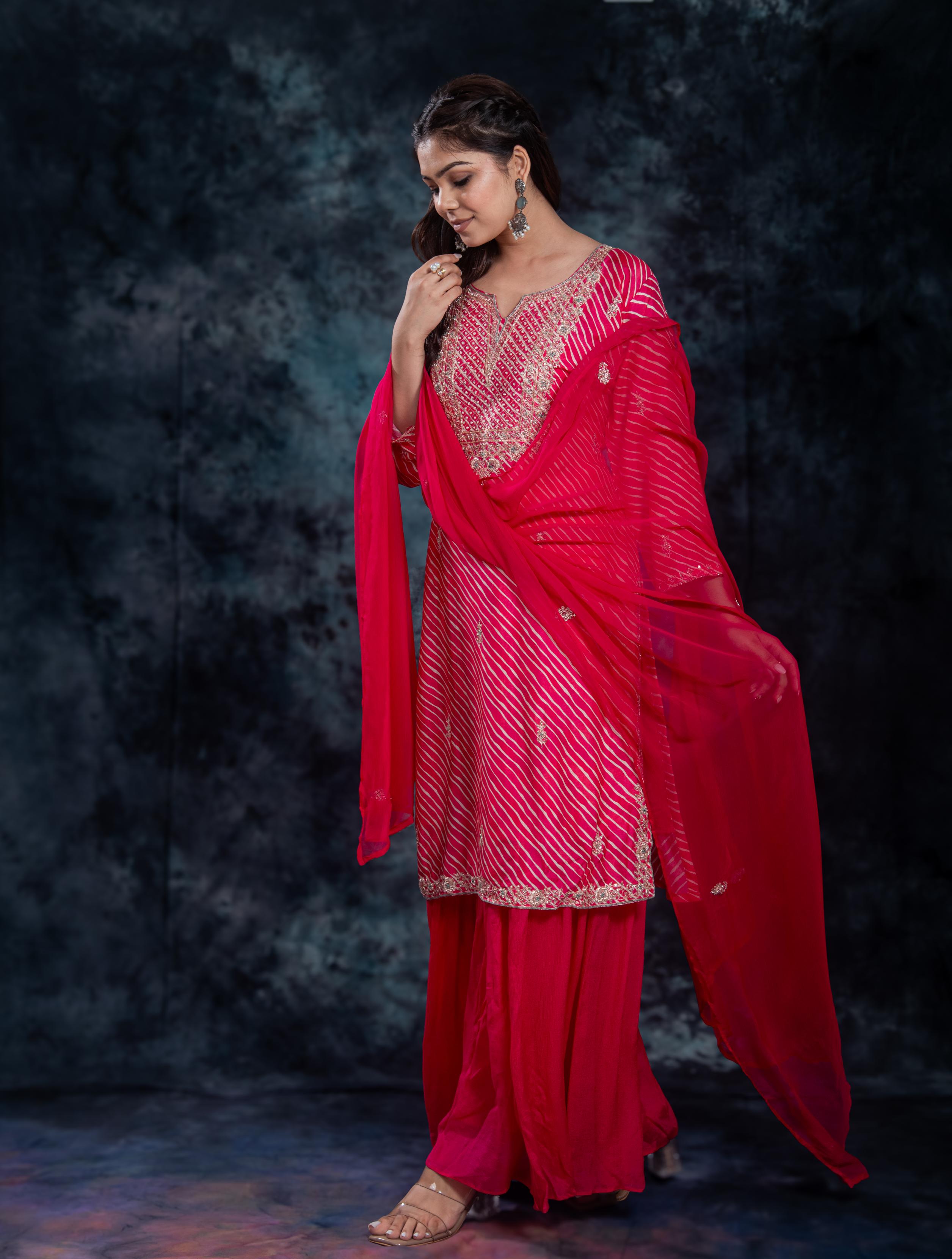 Pink Leheriya Premium Silk Sharara Set