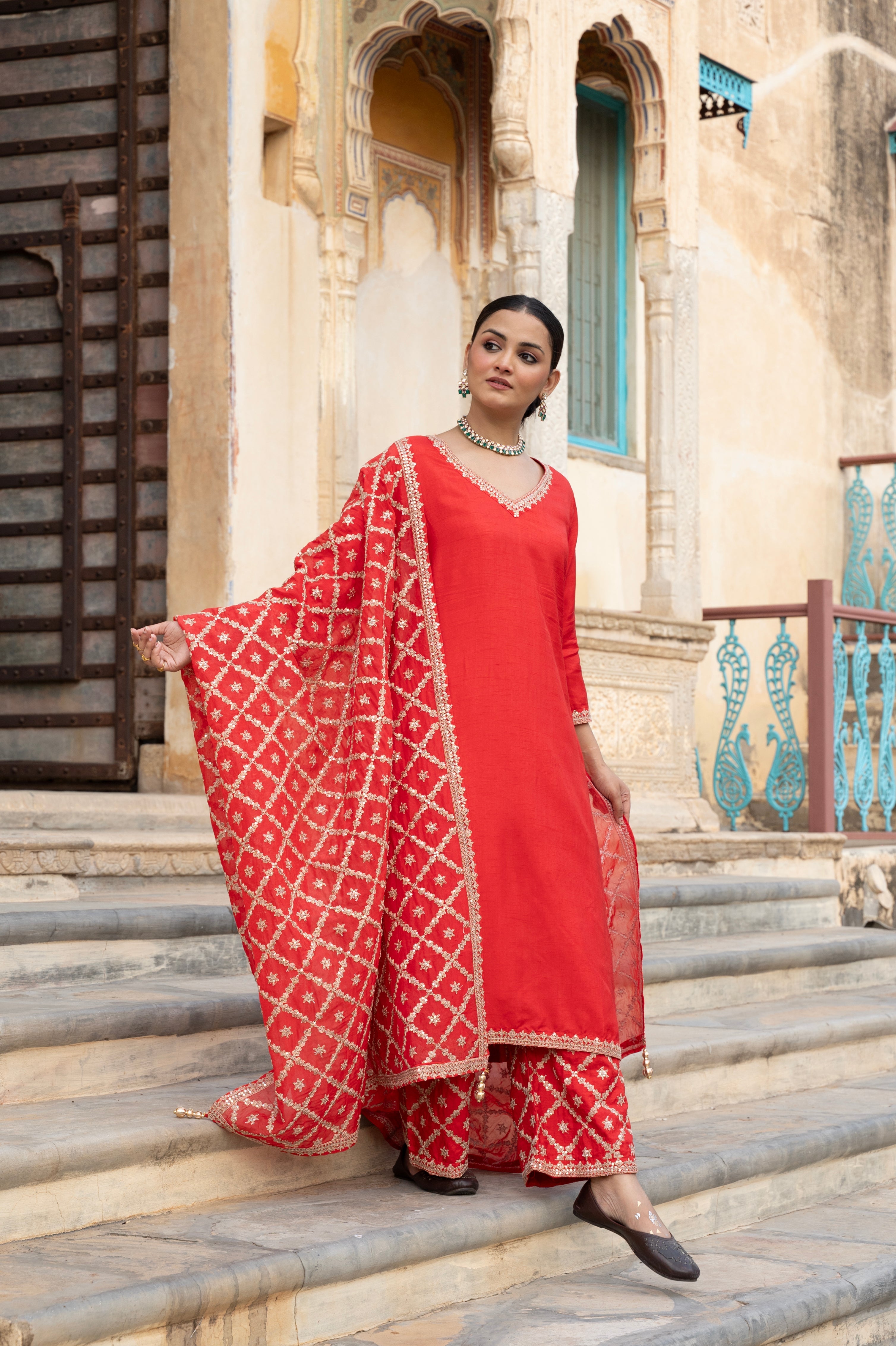 Crimson Red Embellished Dola Silk Pant Set