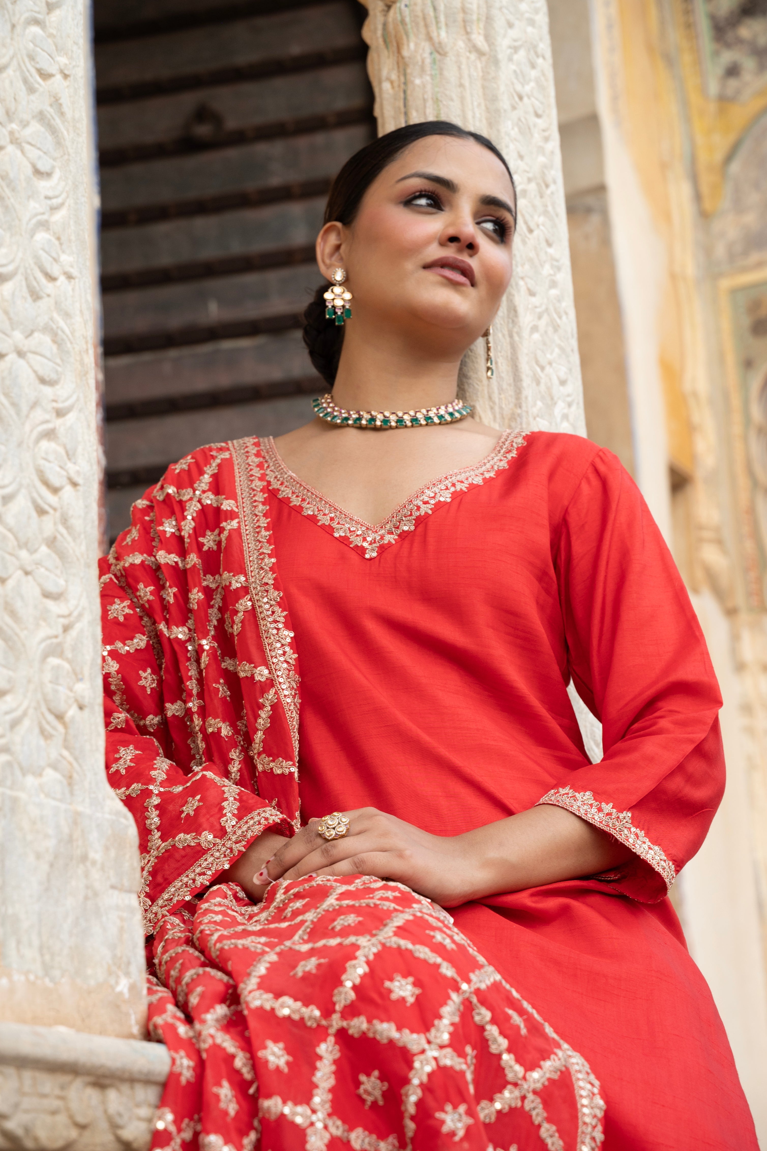 Crimson Red Embellished Dola Silk Pant Set