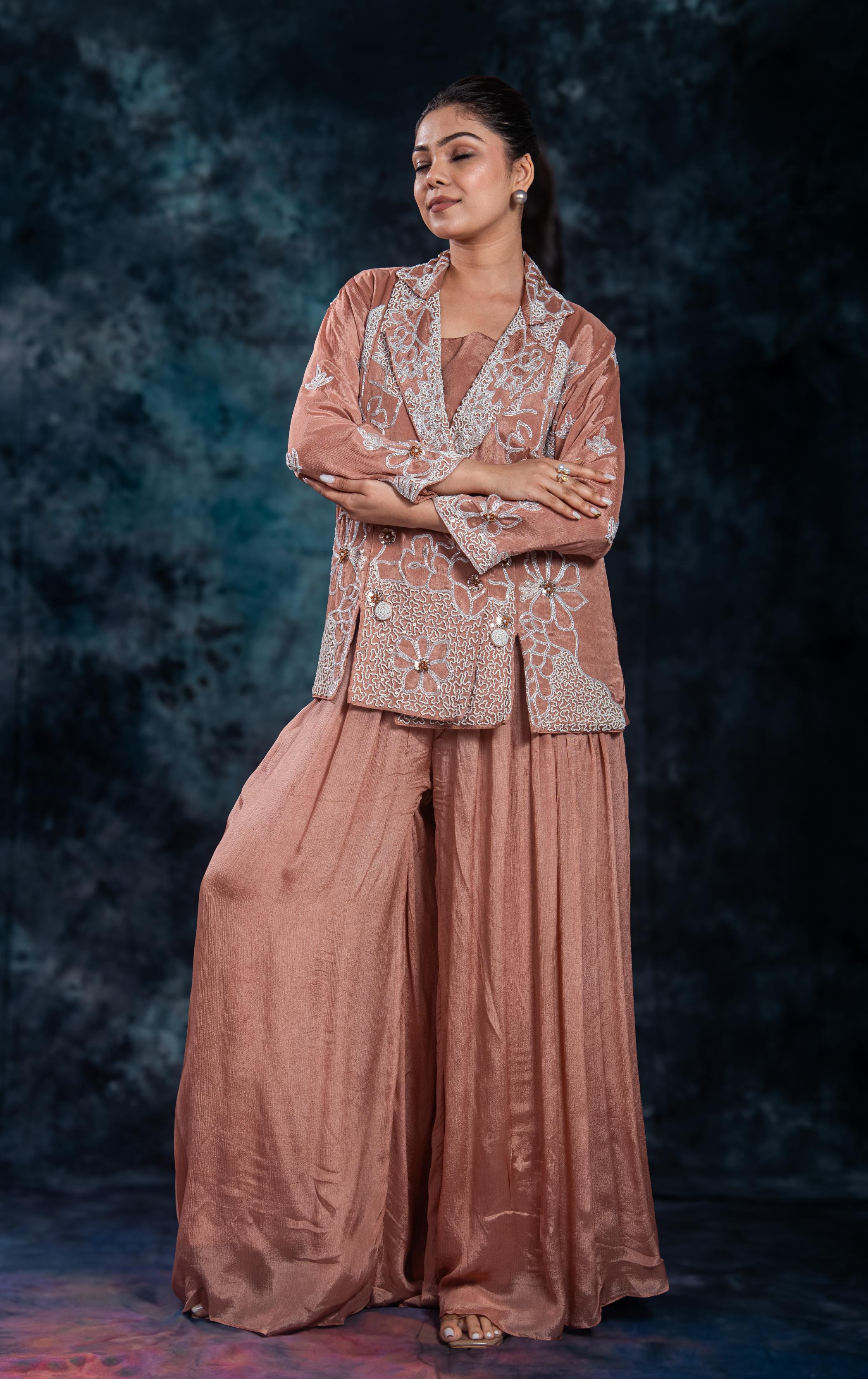 Vintage Orange Embroidered Jacket & Palazzo Set