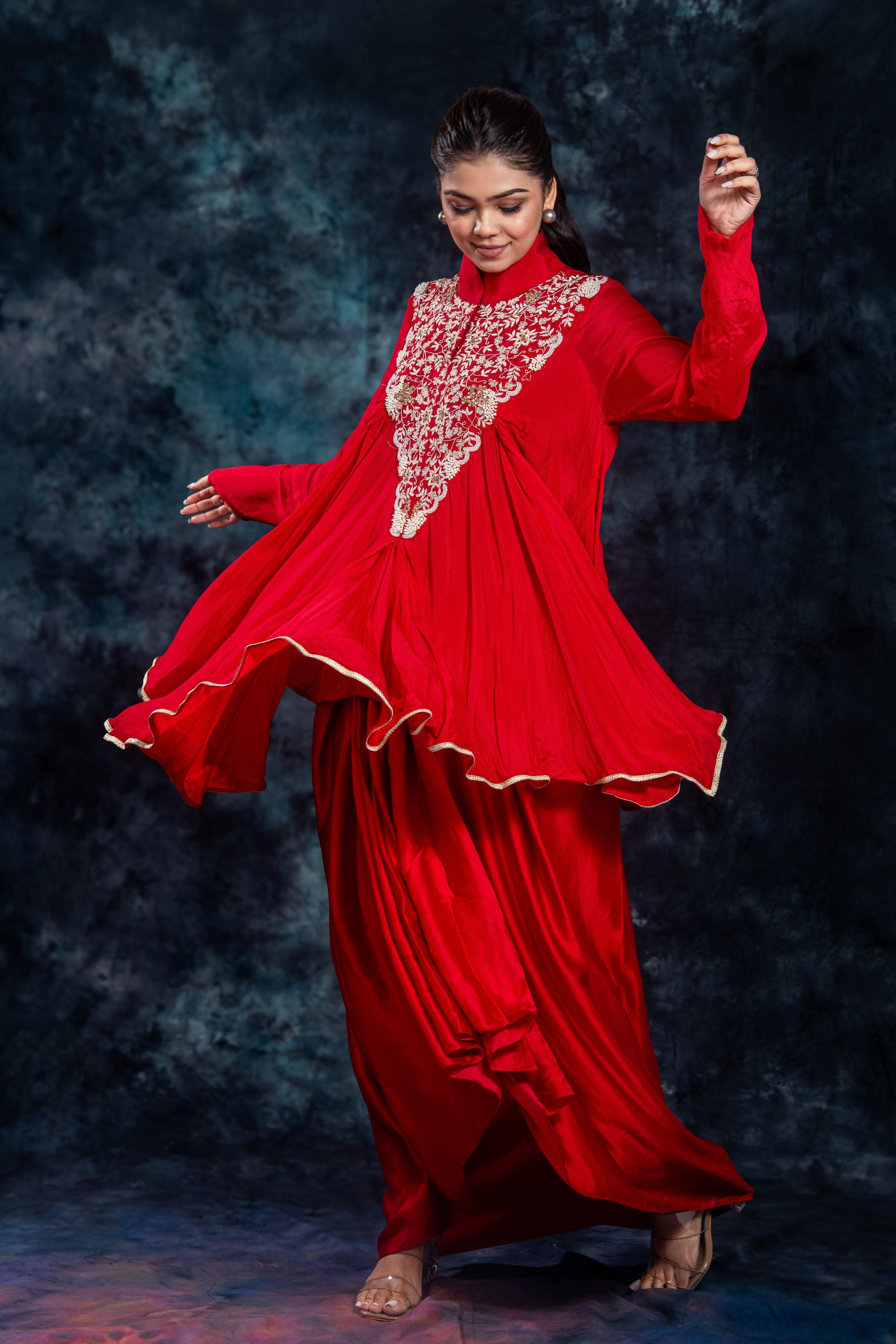 Red Embroidered Satin Silk Skirt Set