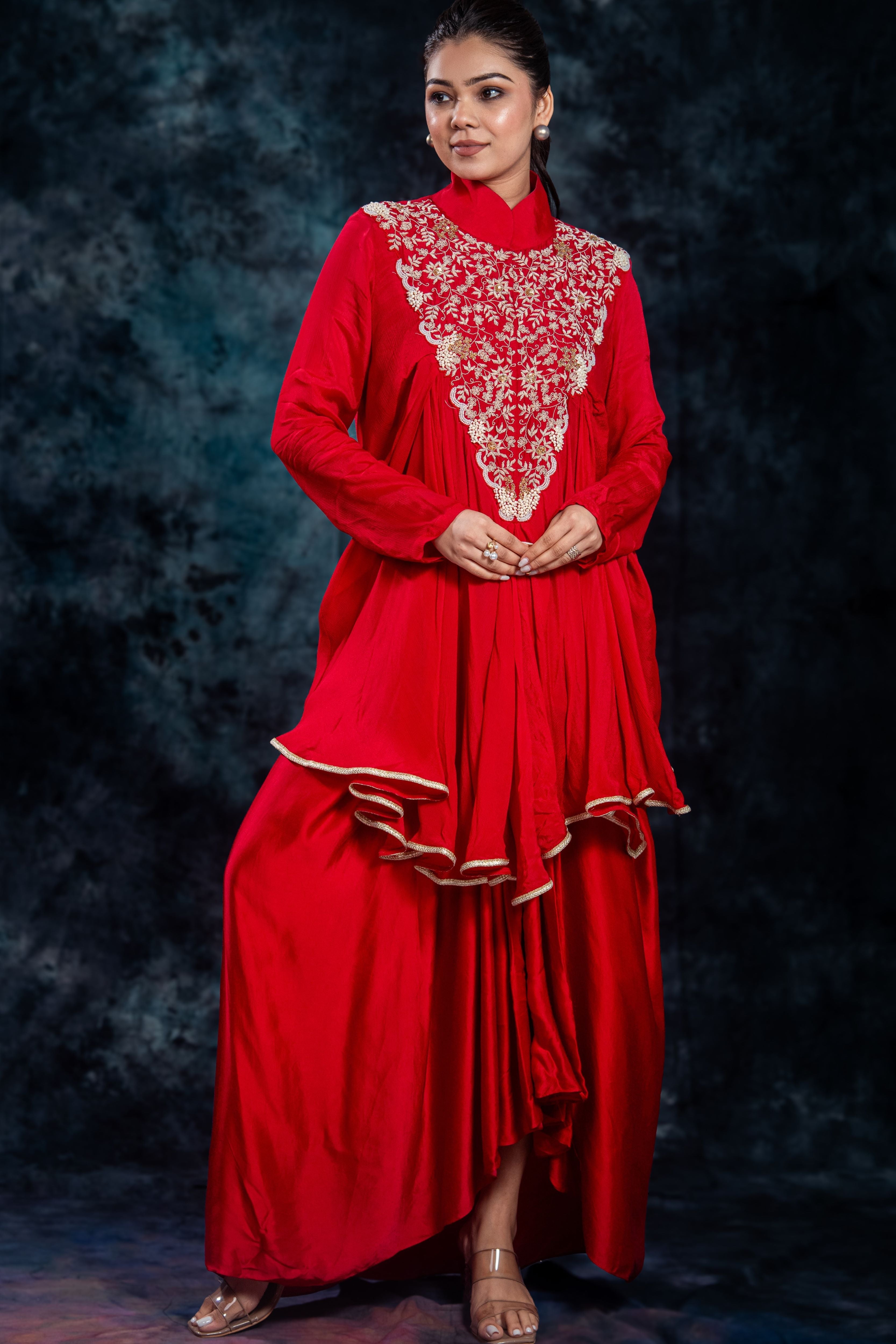 Red Embroidered Satin Silk Skirt Set