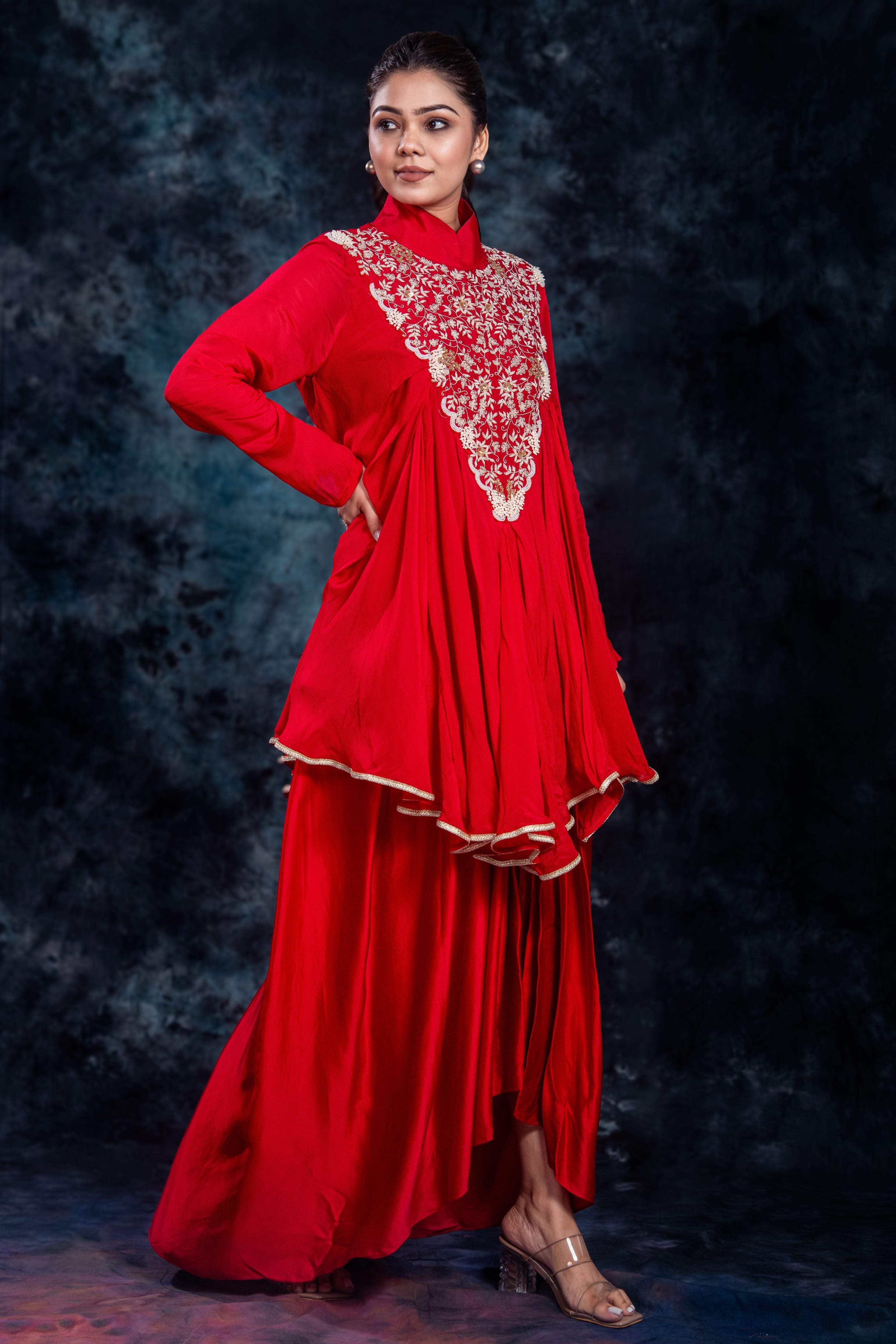 Red Embroidered Satin Silk Skirt Set