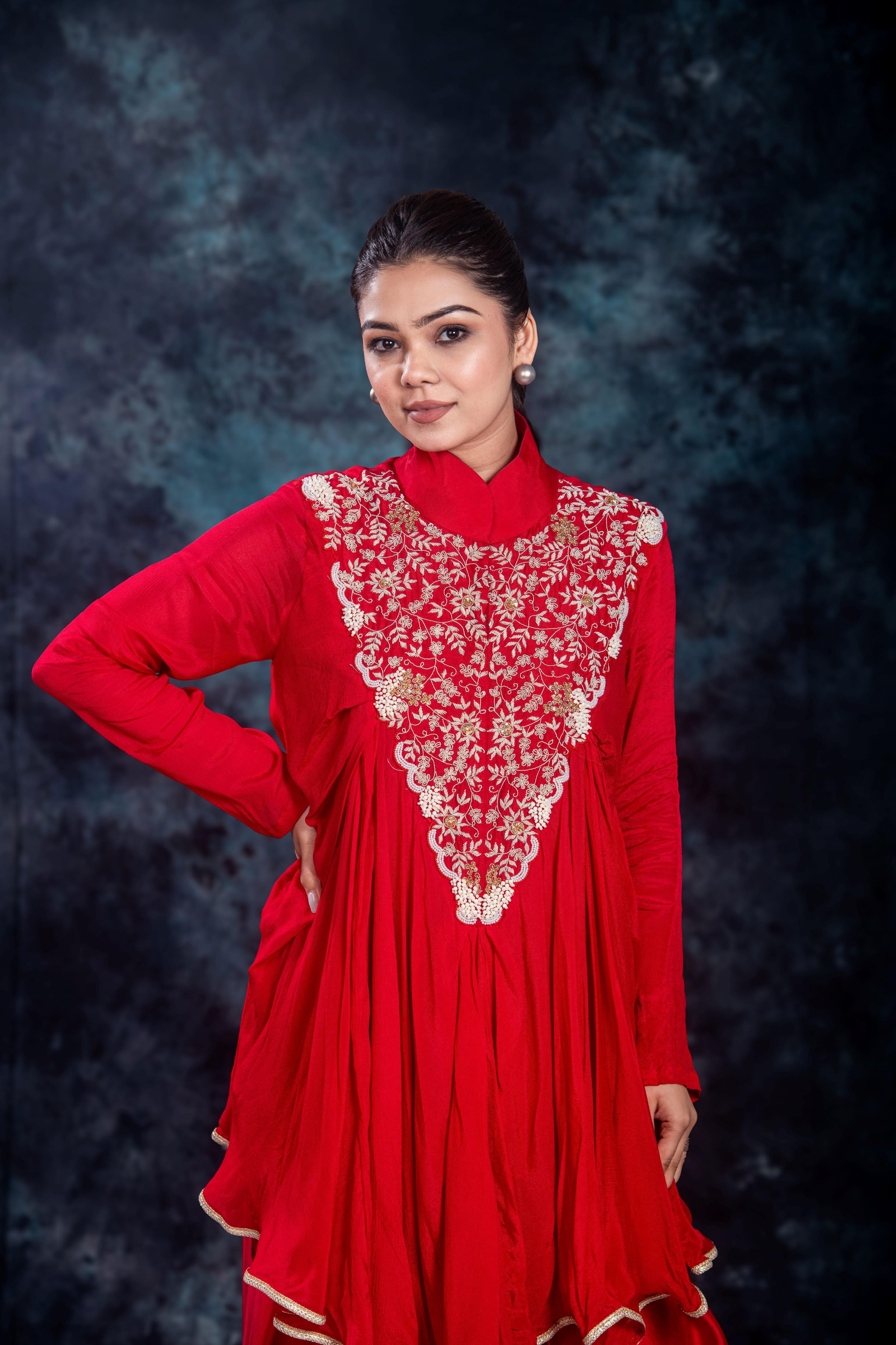 Red Embroidered Satin Silk Skirt Set