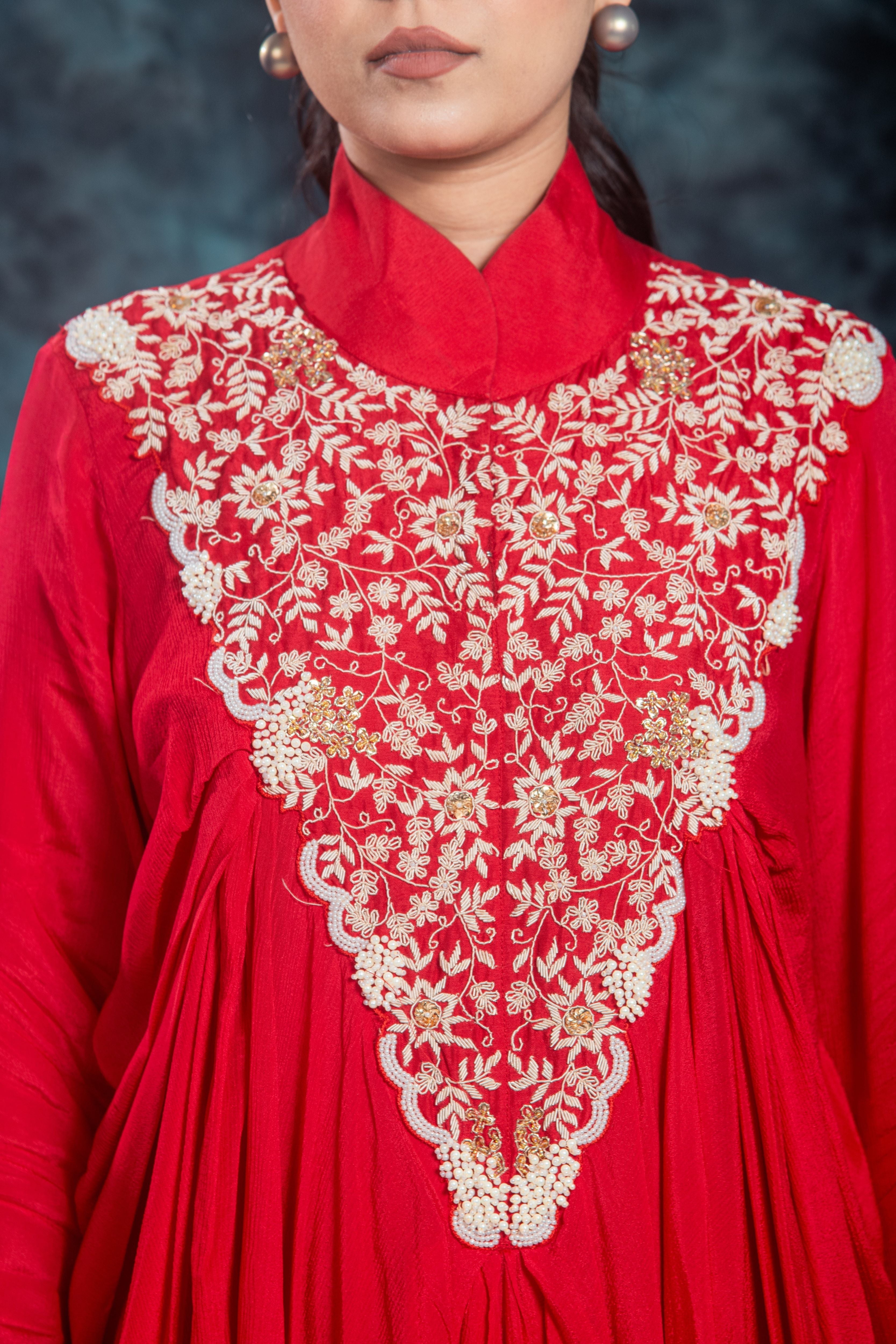 Red Embroidered Satin Silk Skirt Set