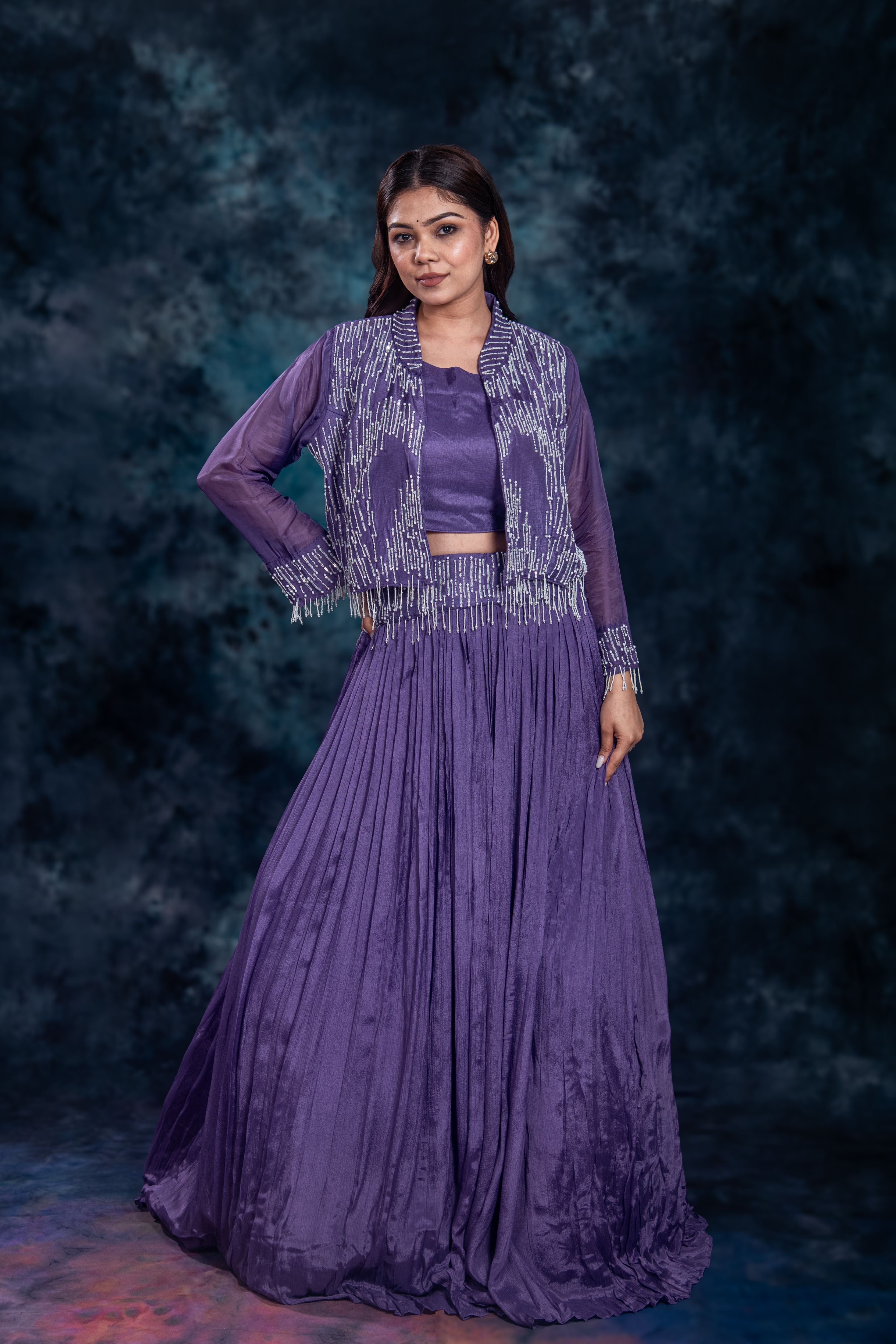 Purple Embellished Chinon Silk Skirt Set
