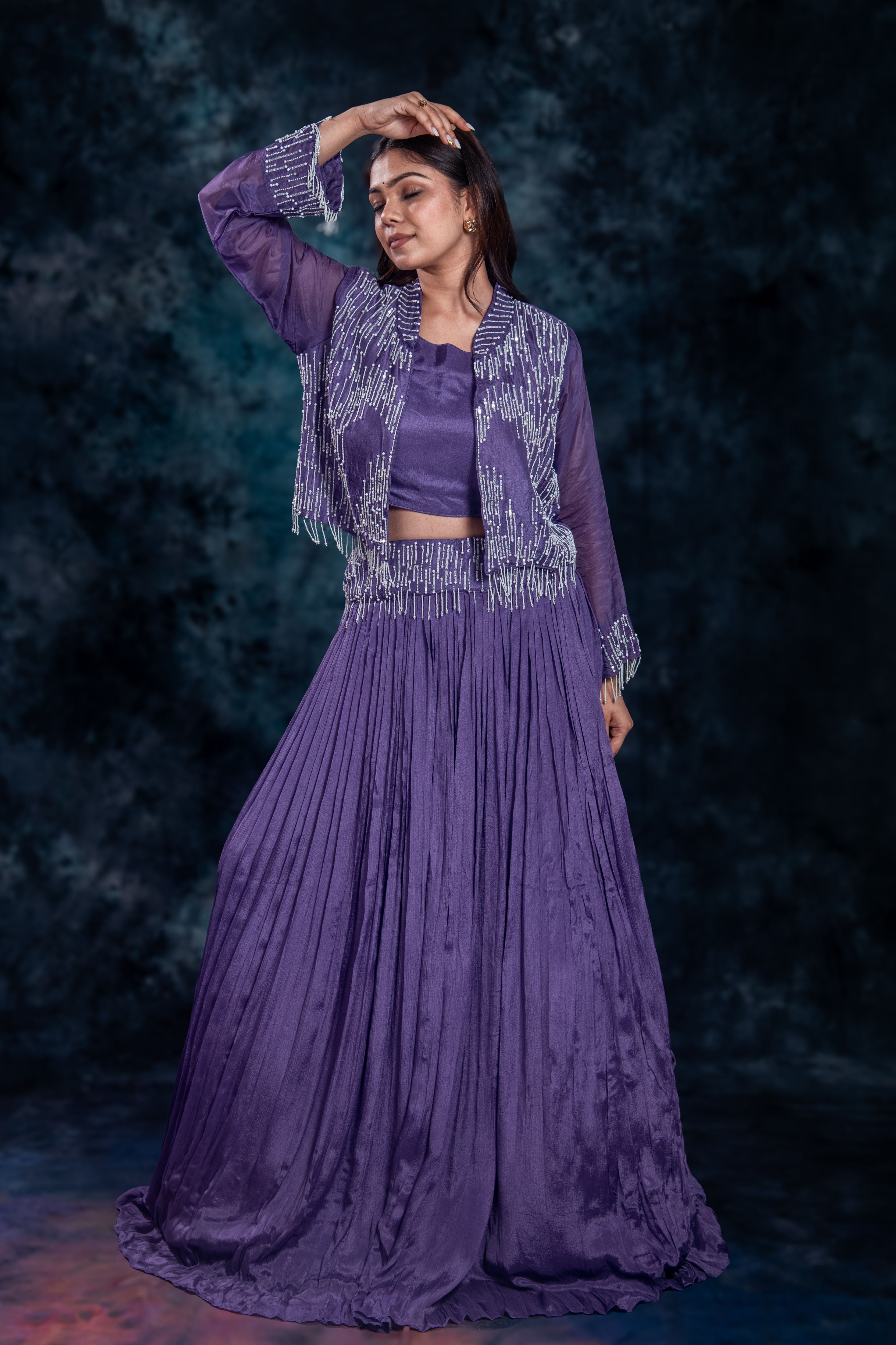Purple Embellished Chinon Silk Skirt Set