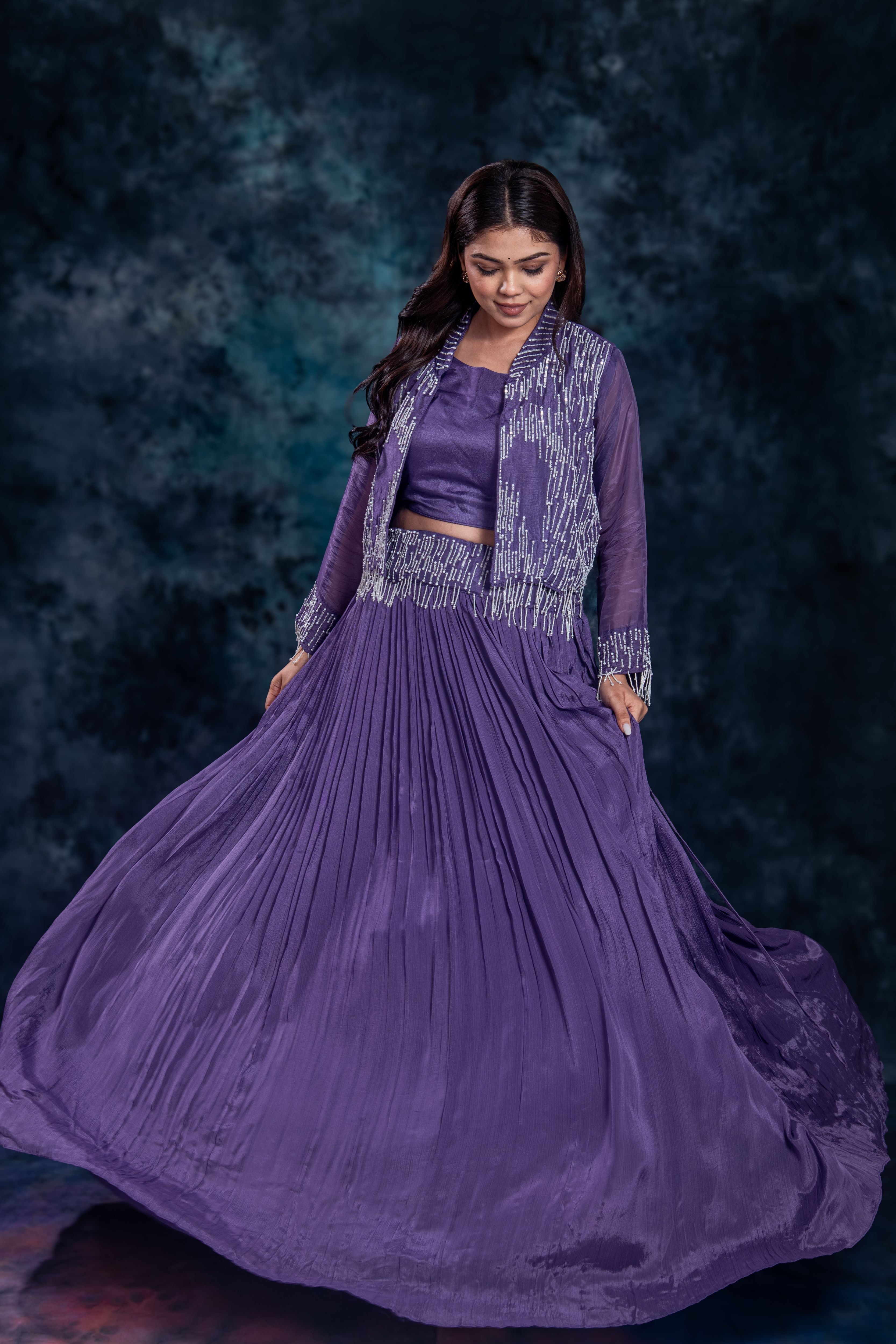 Purple Embellished Chinon Silk Skirt Set