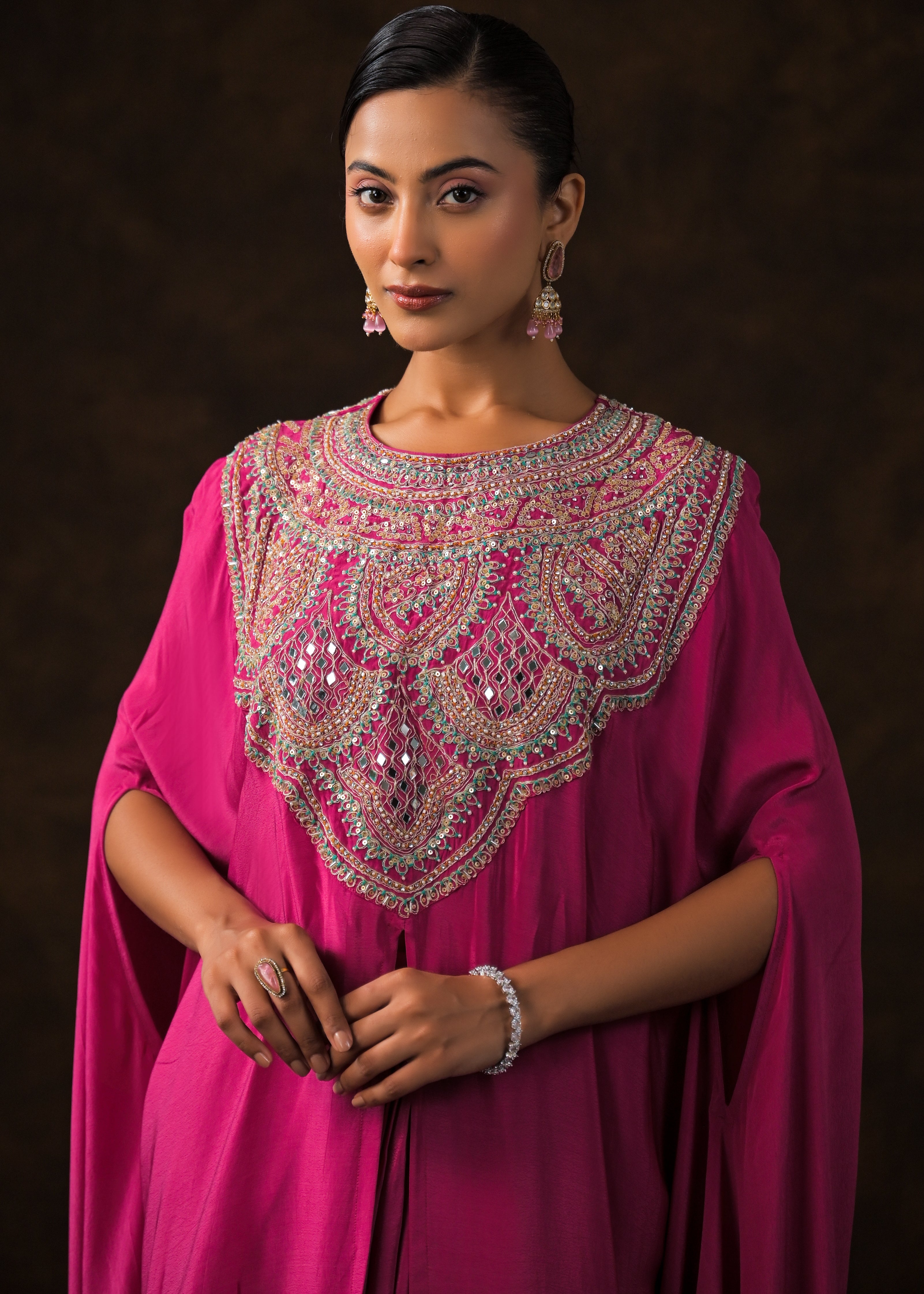 Queen Pink Embellished Premium Silk Kaftan Set