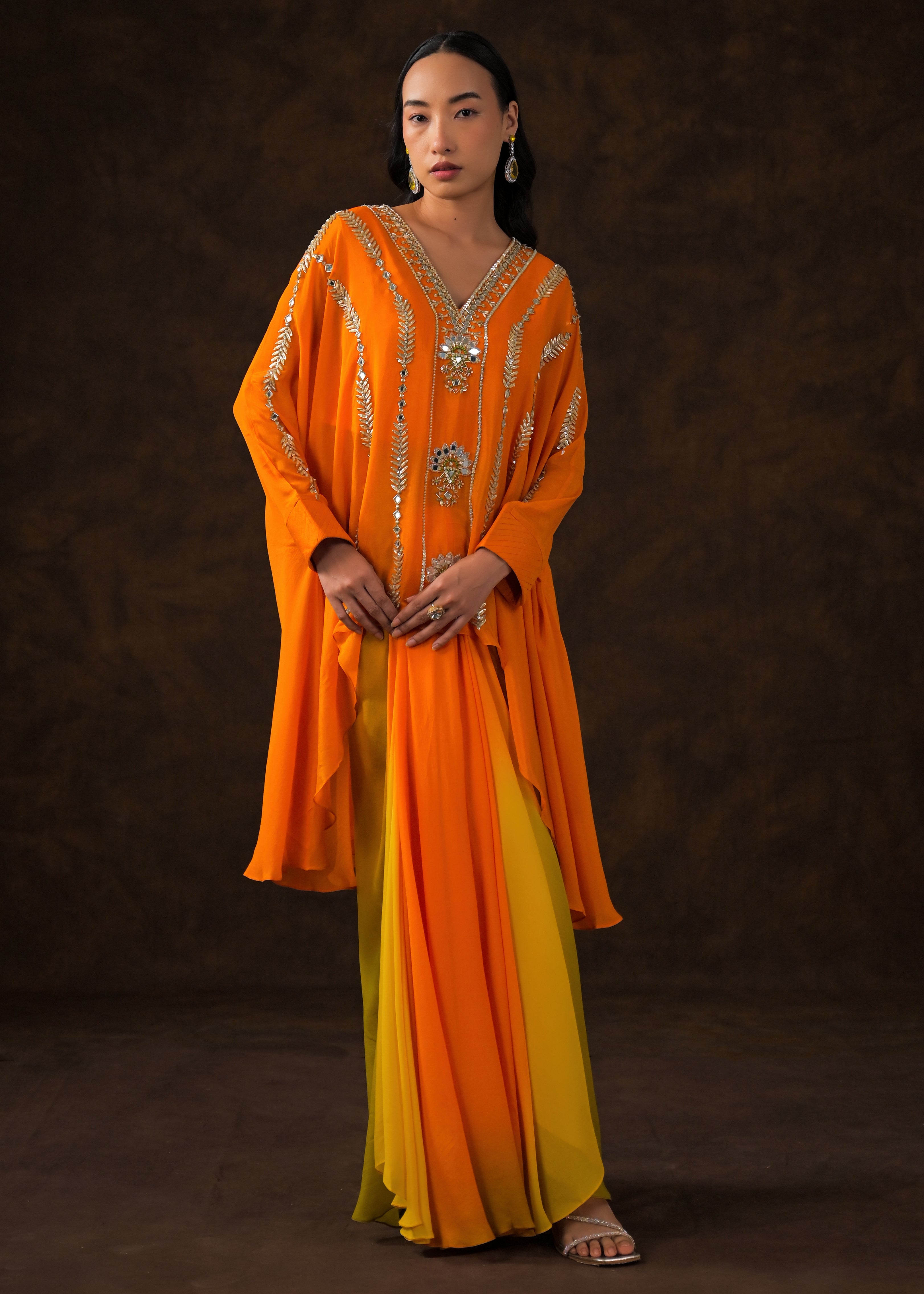 Vibrant Orange Embellished Chinon Silk Full Kaftan Set