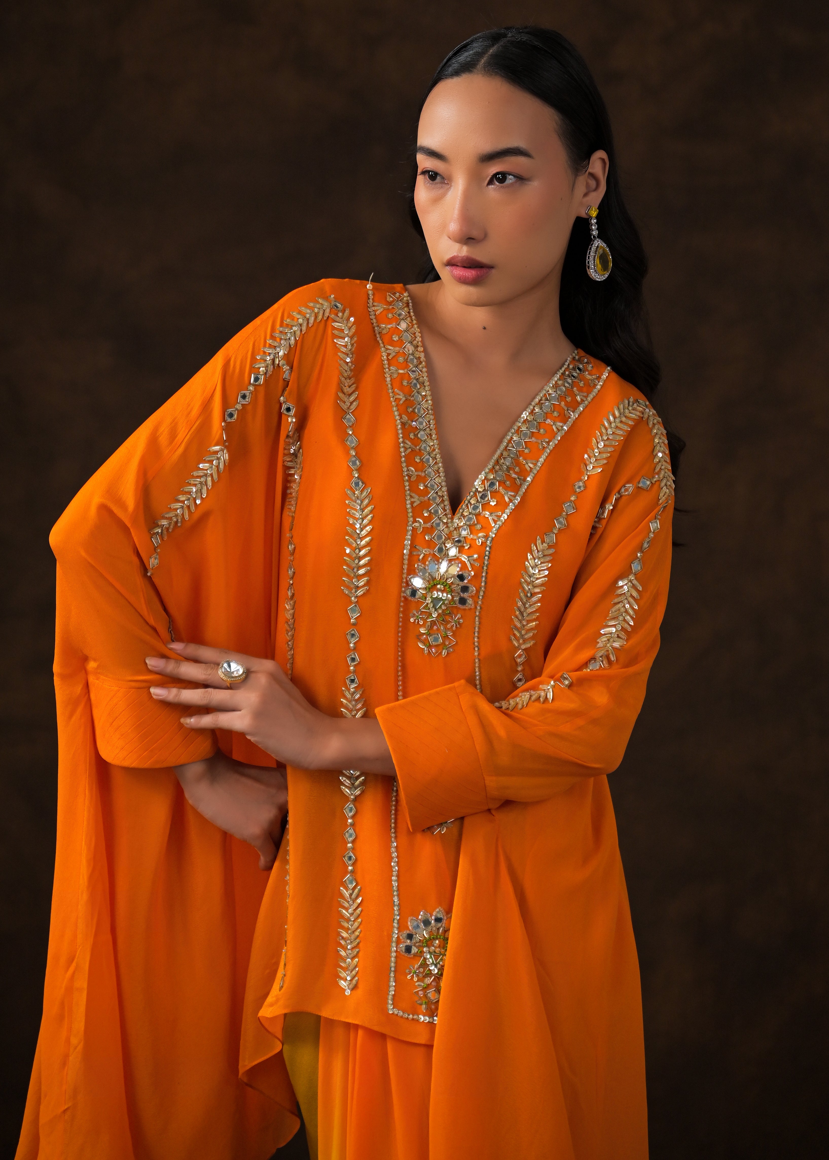 Vibrant Orange Embellished Chinon Silk Full Kaftan Set