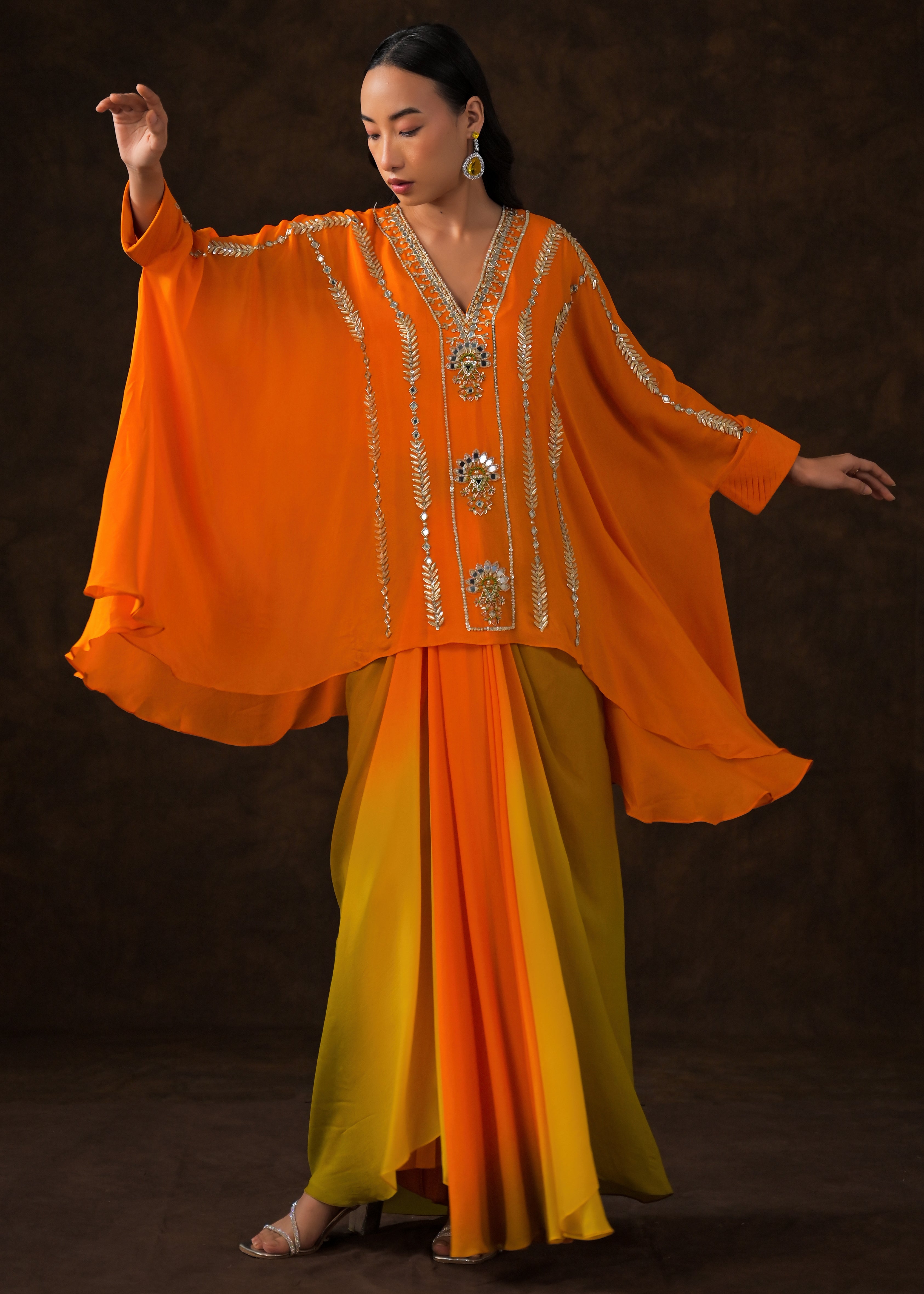 Vibrant Orange Embellished Chinon Silk Full Kaftan Set