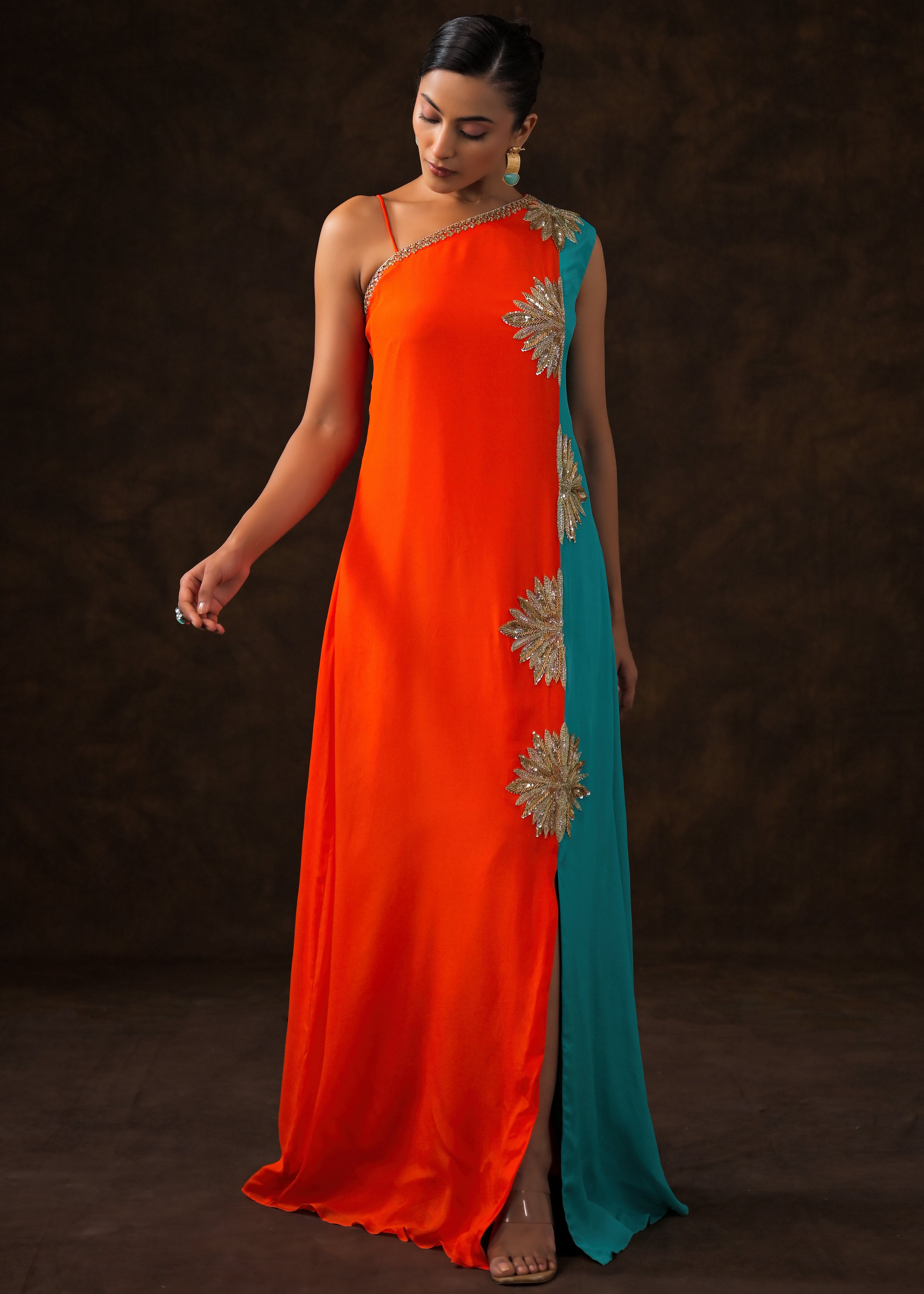 Vibrant Orange Embellished Chinon Silk Dress