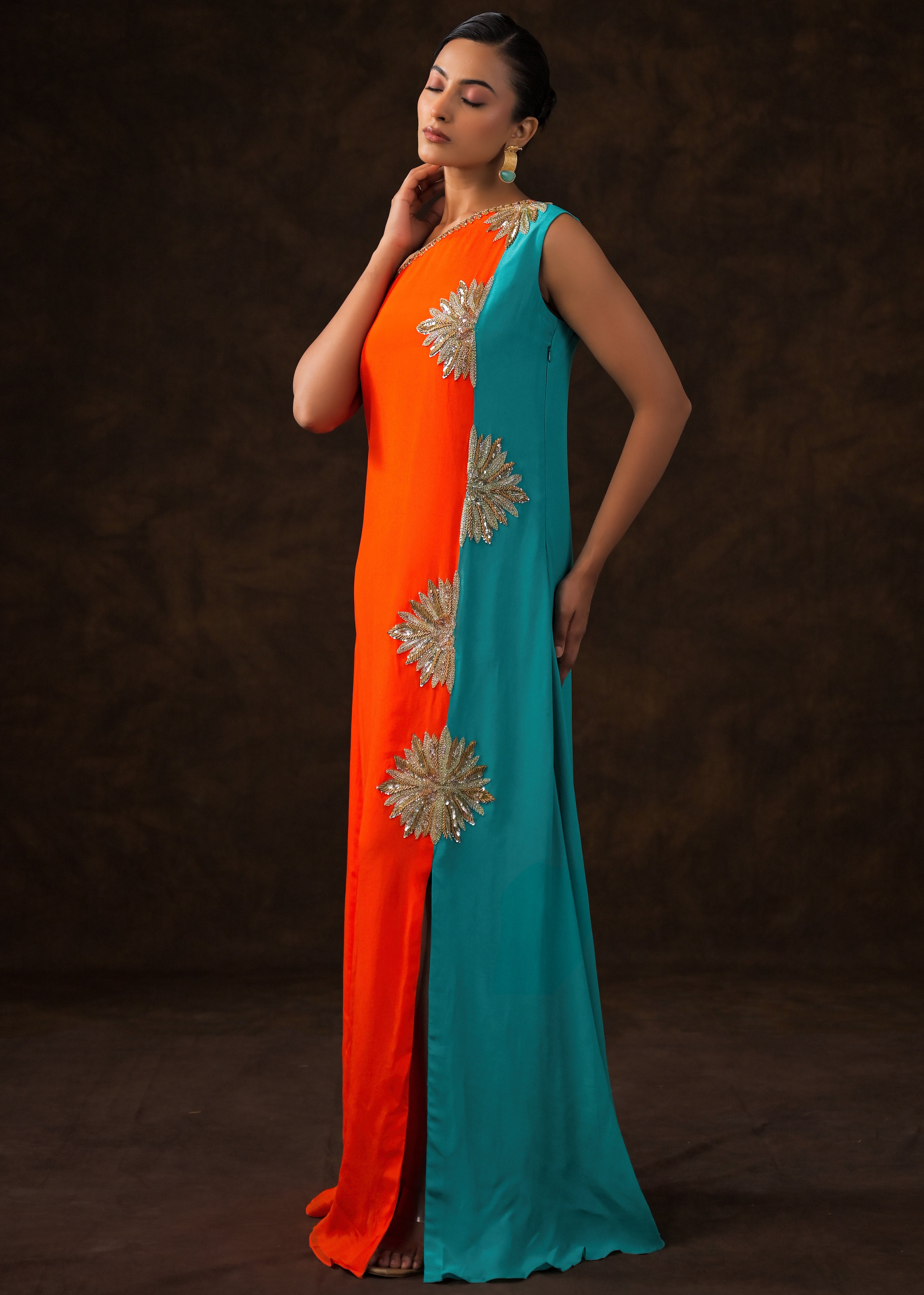 Vibrant Orange Embellished Chinon Silk Dress