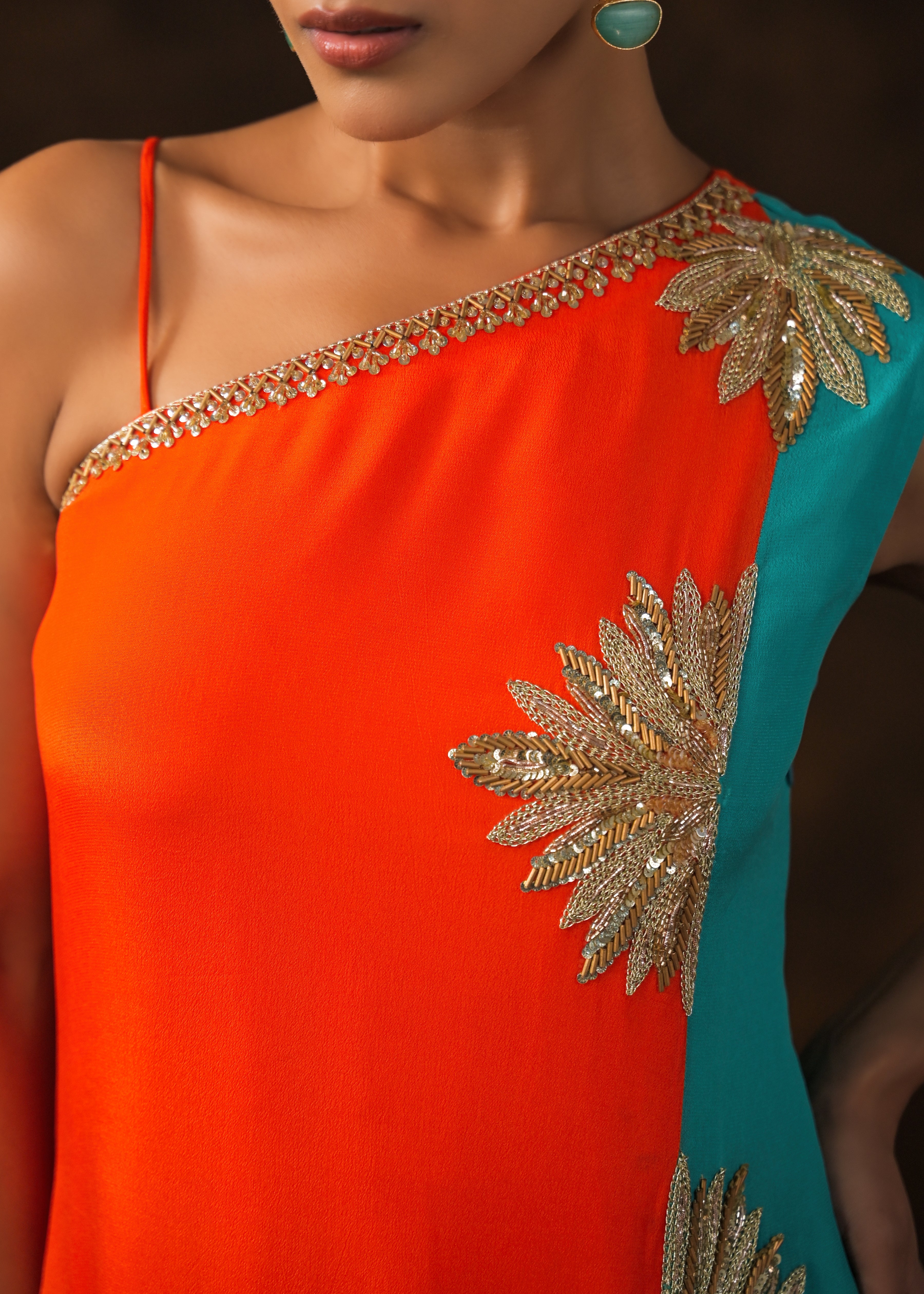 Vibrant Orange Embellished Chinon Silk Dress