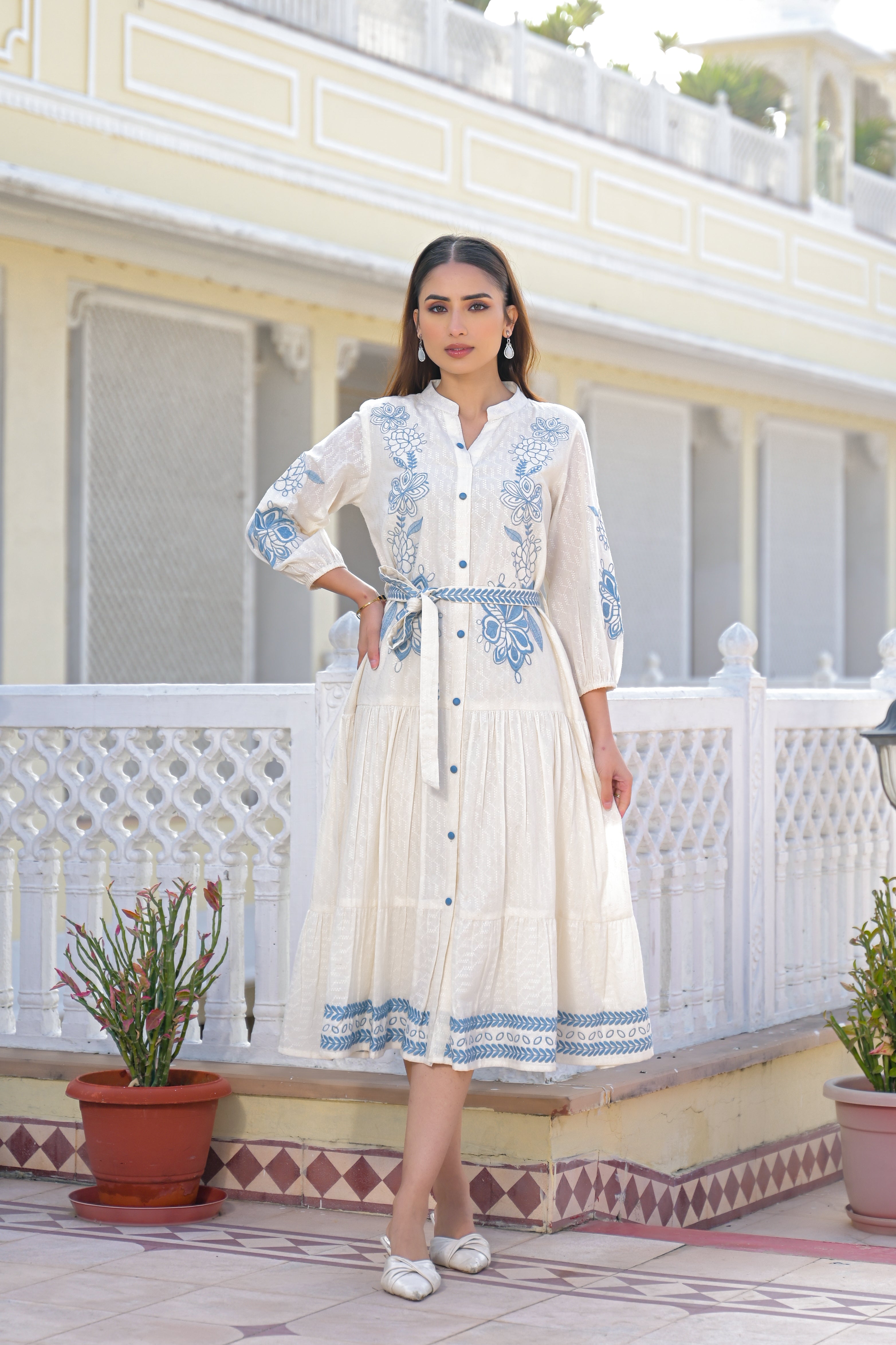 Blue Willow Embroidered Cotton Dress