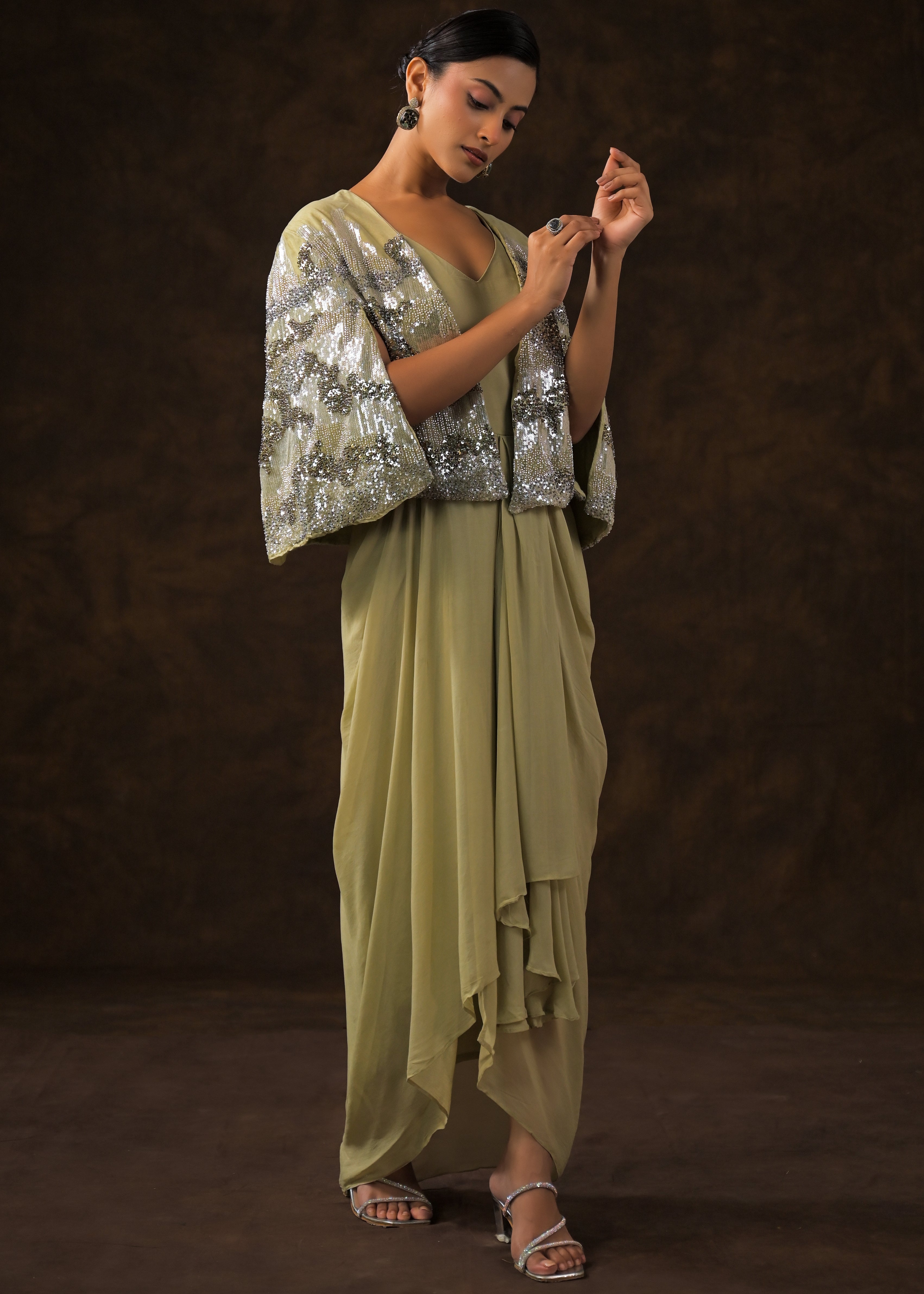 Khaki Green Embellished Premium Silk Dress