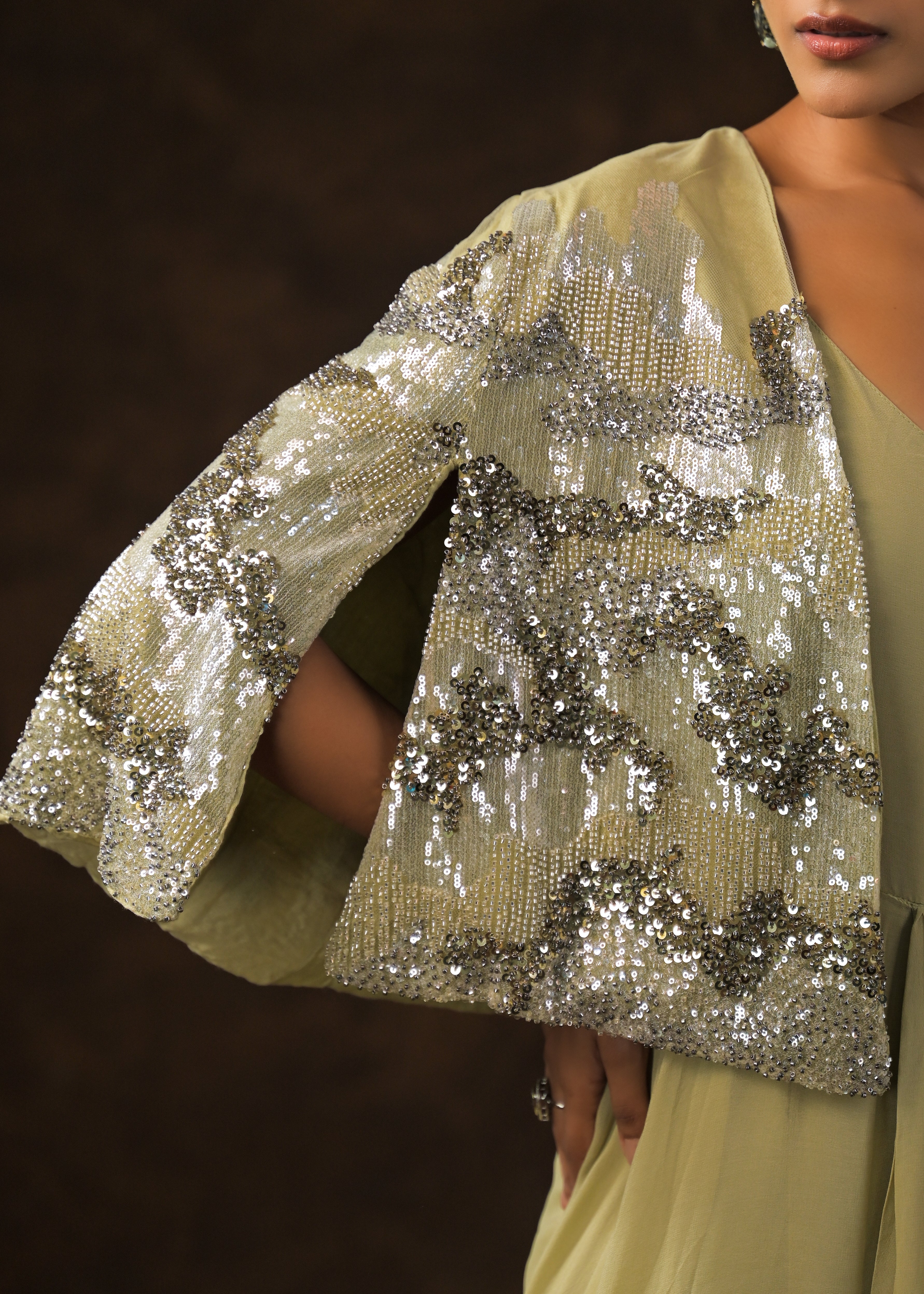 Khaki Green Embellished Premium Silk Dress