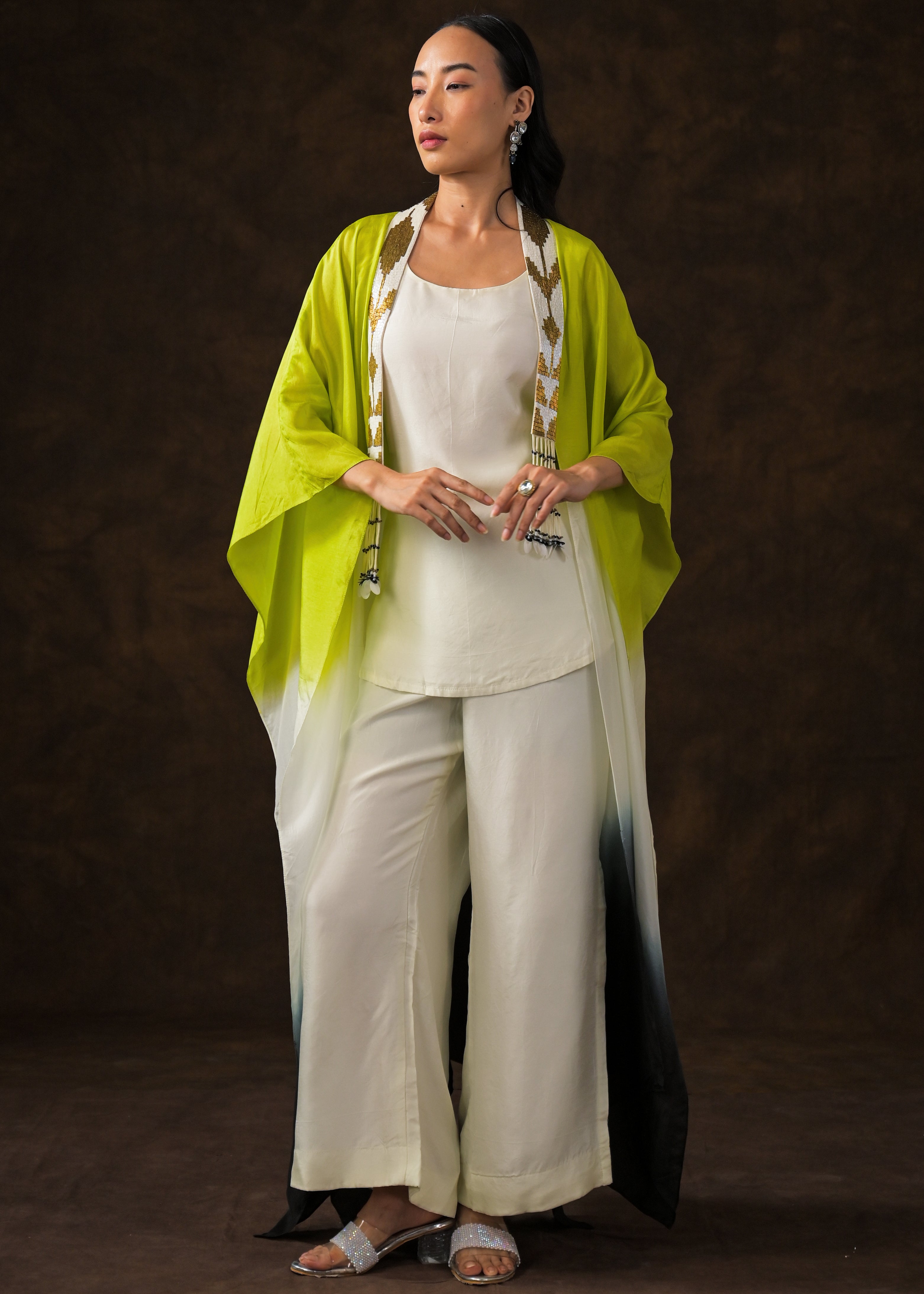 Ivory Ombre Dye Raw Silk Cape Set