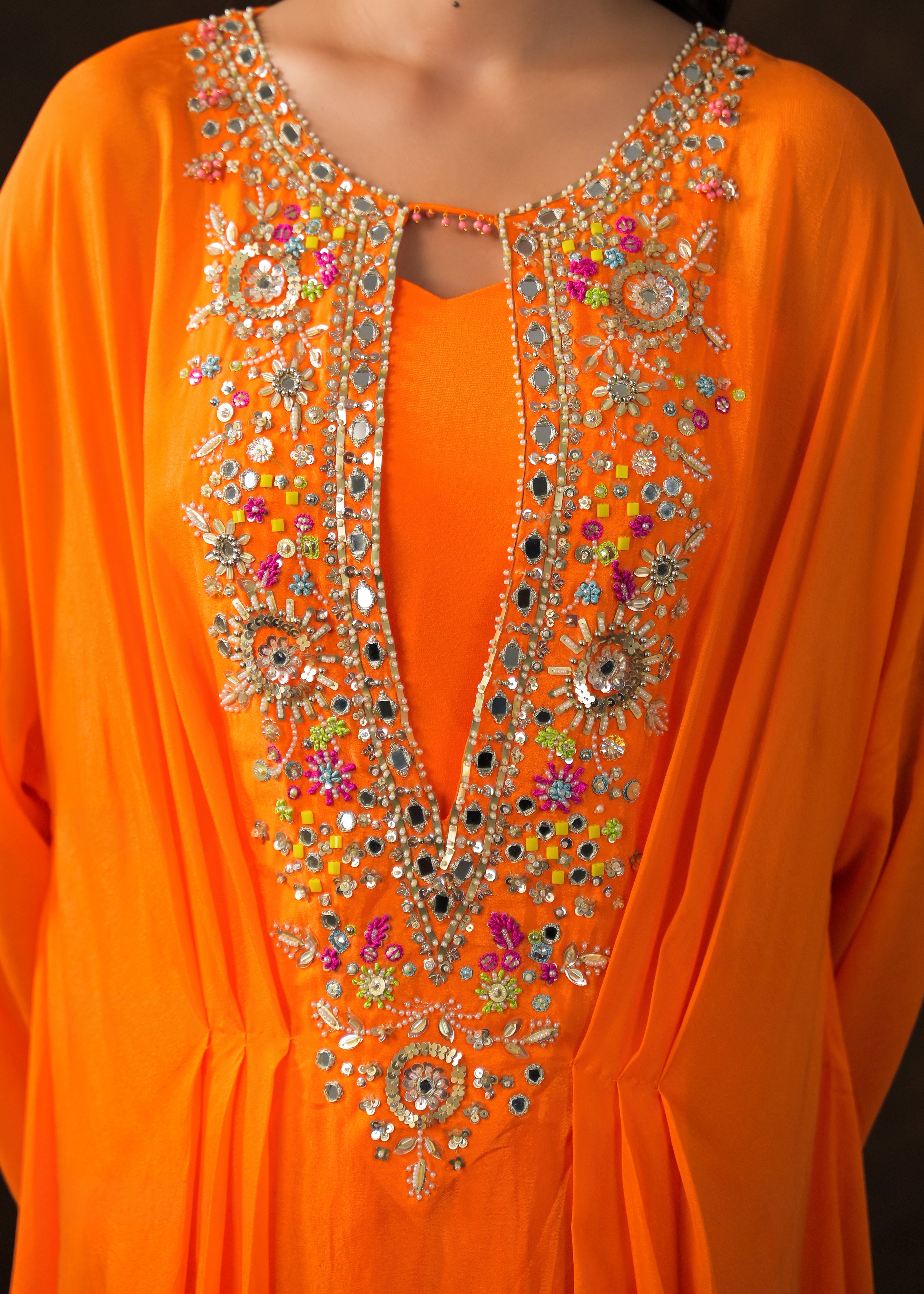 Tangerine Orange Embellished Chinon Silk Drape Skirt Set
