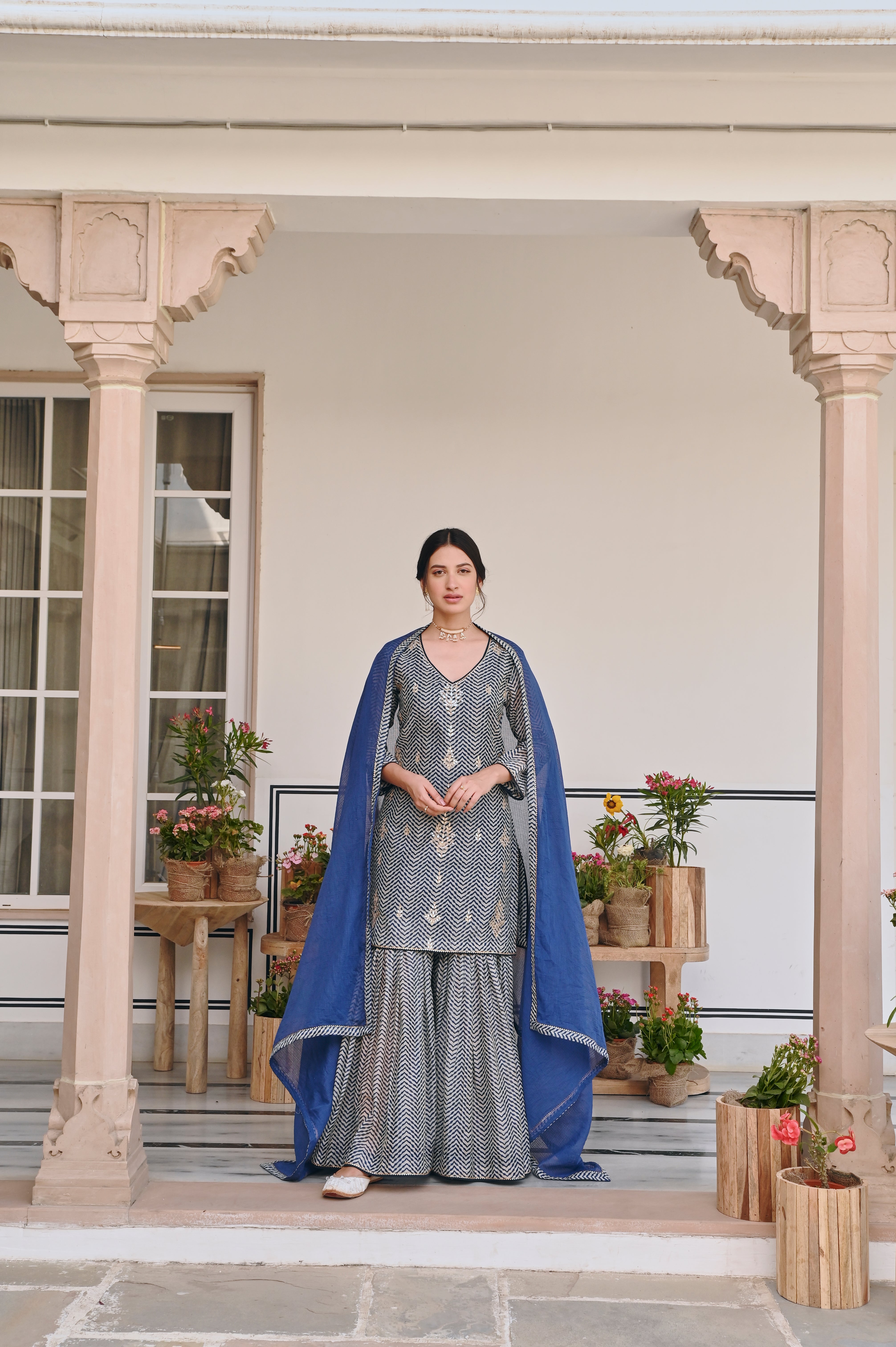 Blue Embellished Chanderi Silk Sharara Set