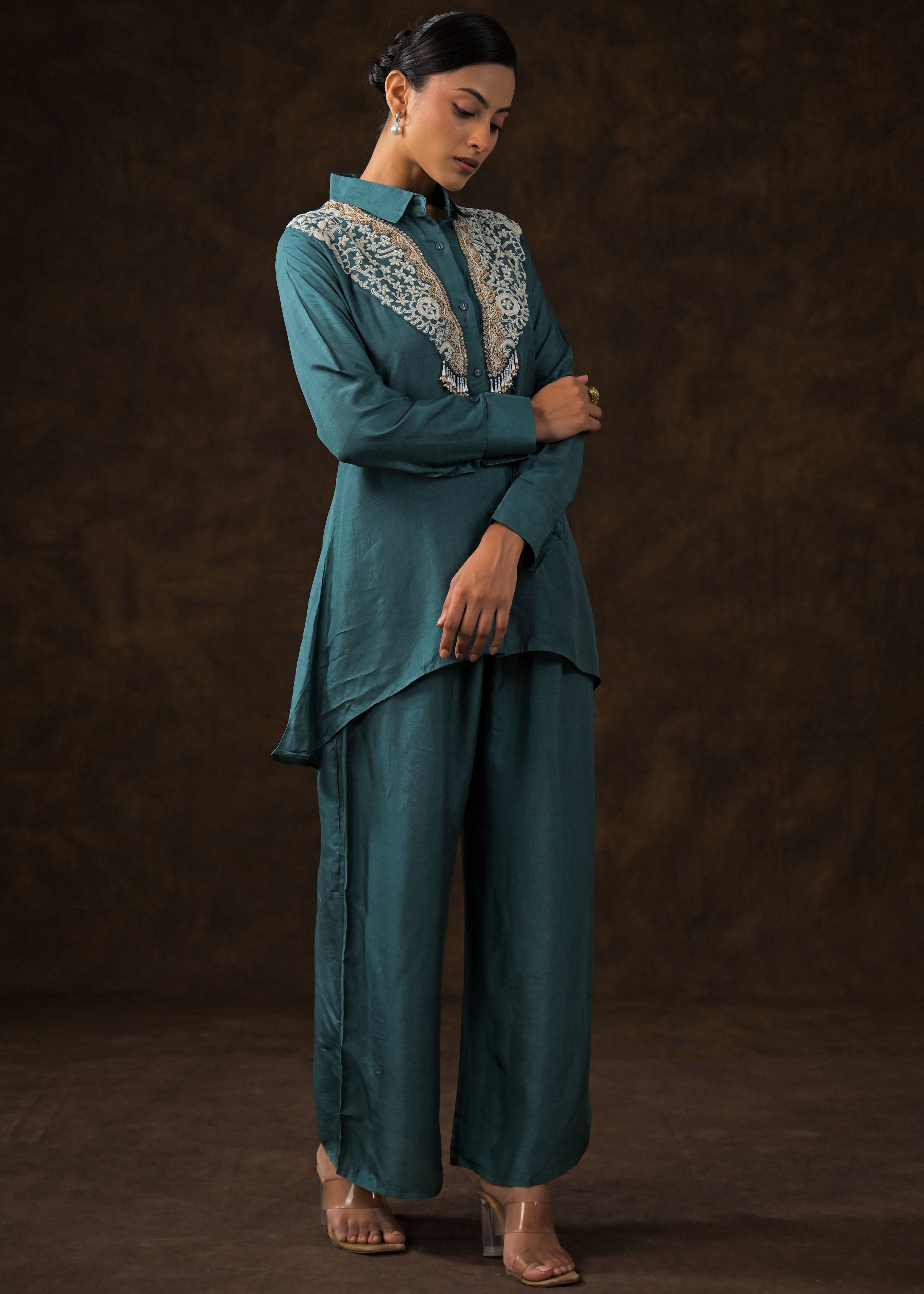 Emerald Teal Embroidered Raw Silk Co-Ord Set