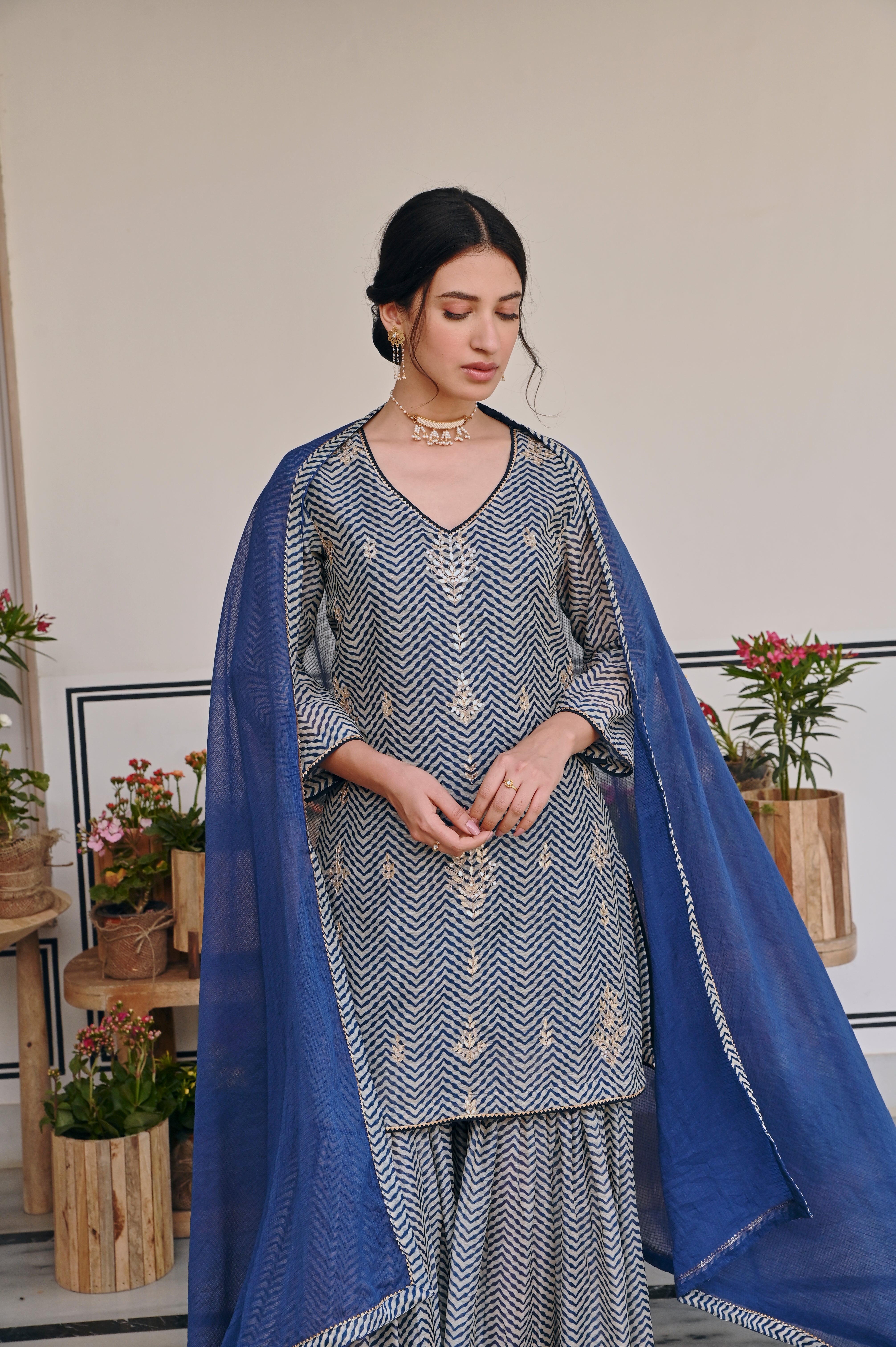 Blue Embellished Chanderi Silk Sharara Set