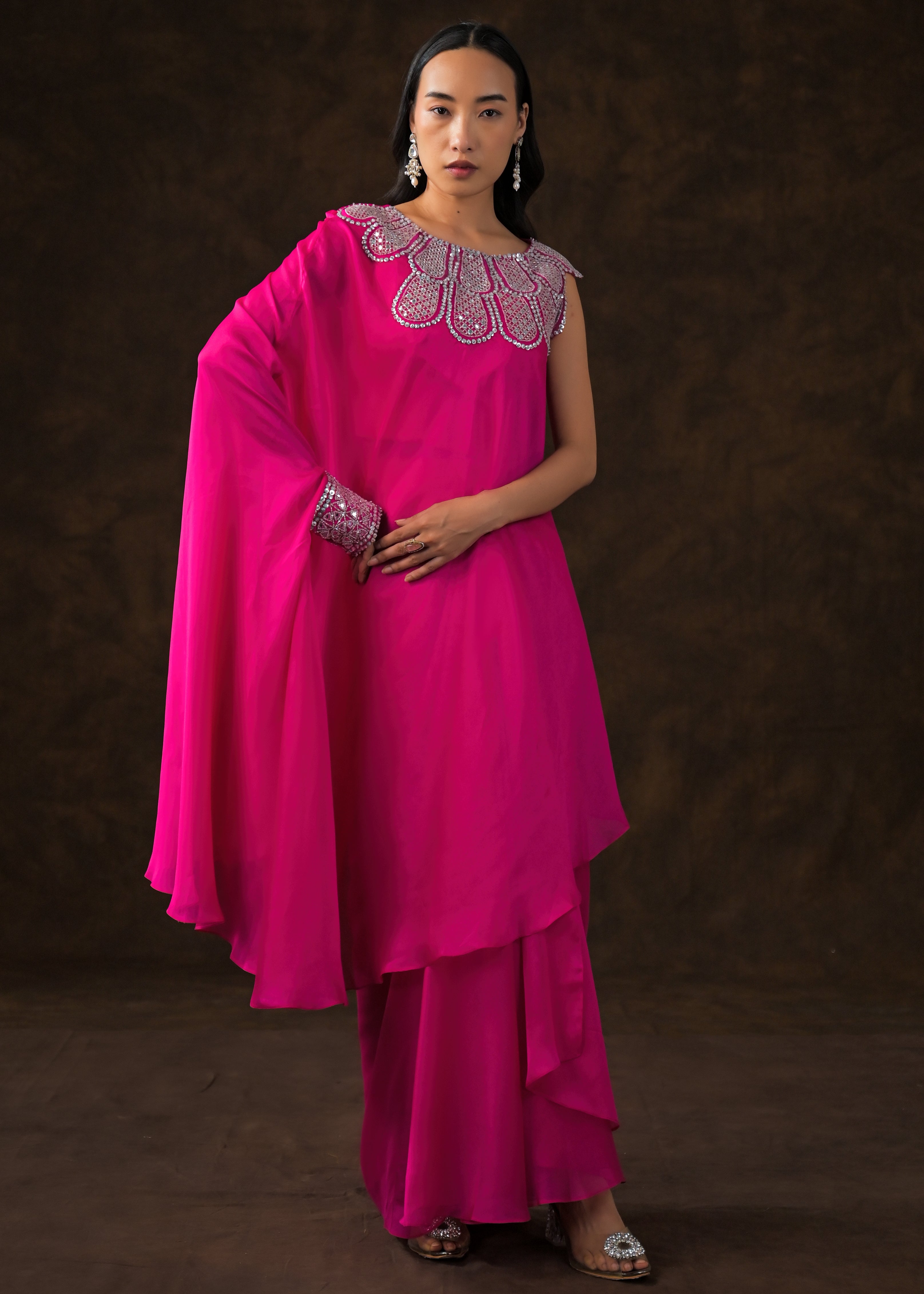 Hot Pink Embellished Georgette Silk Drape Skirt Set