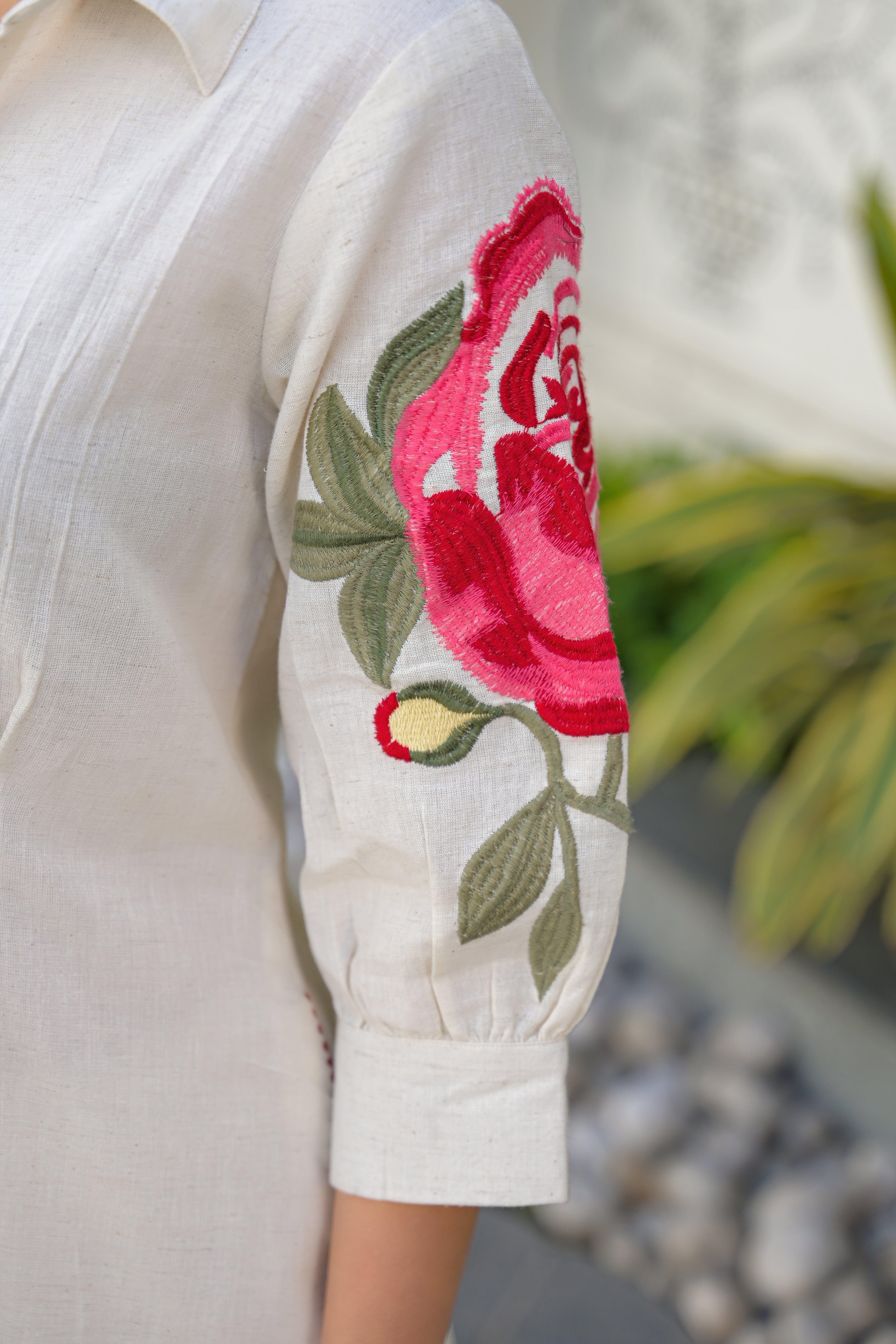 Luxe Ivory Embroidered Linen Shirt Dress