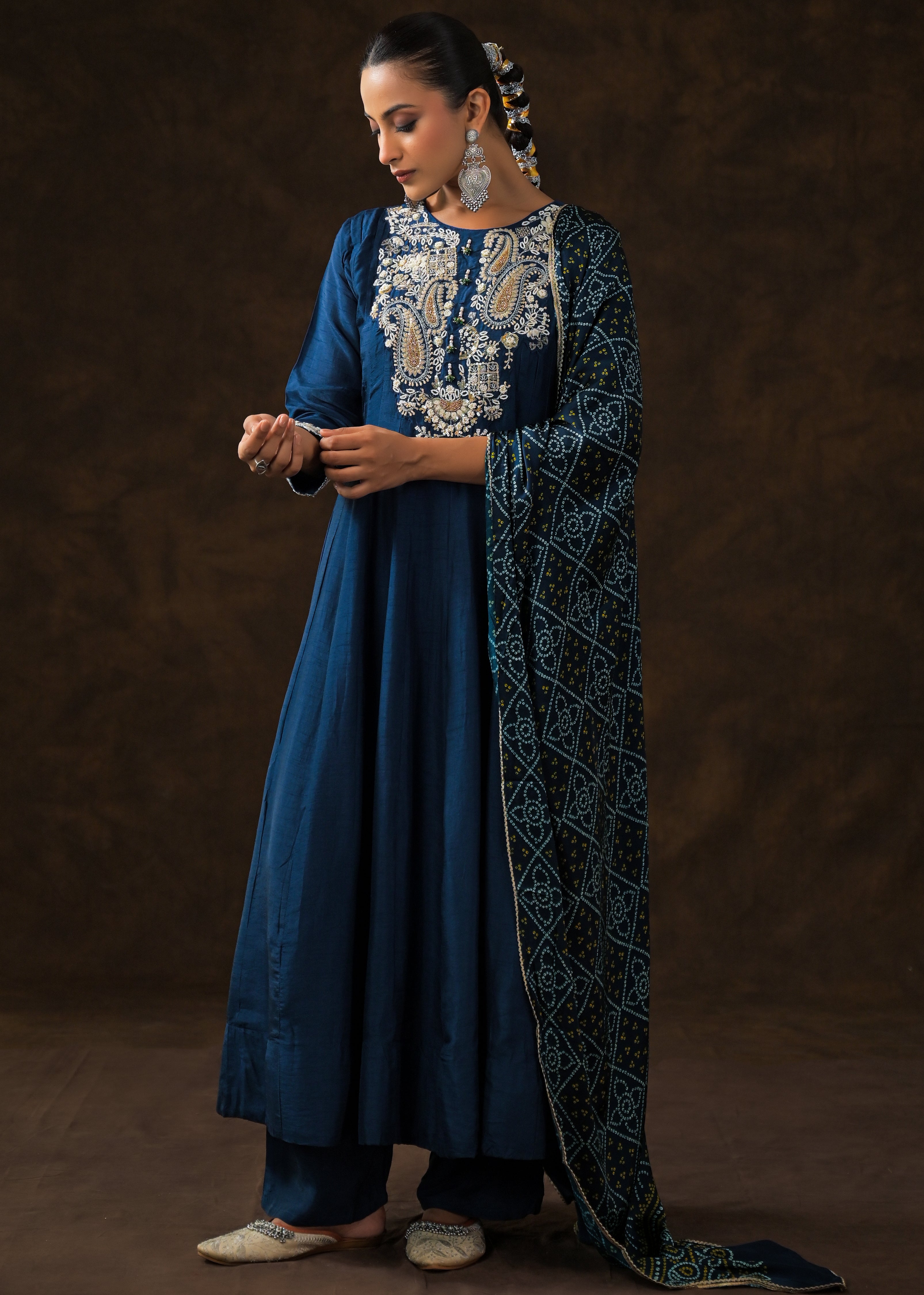 Teal Blue Embellished Raw Silk Anarkali Set