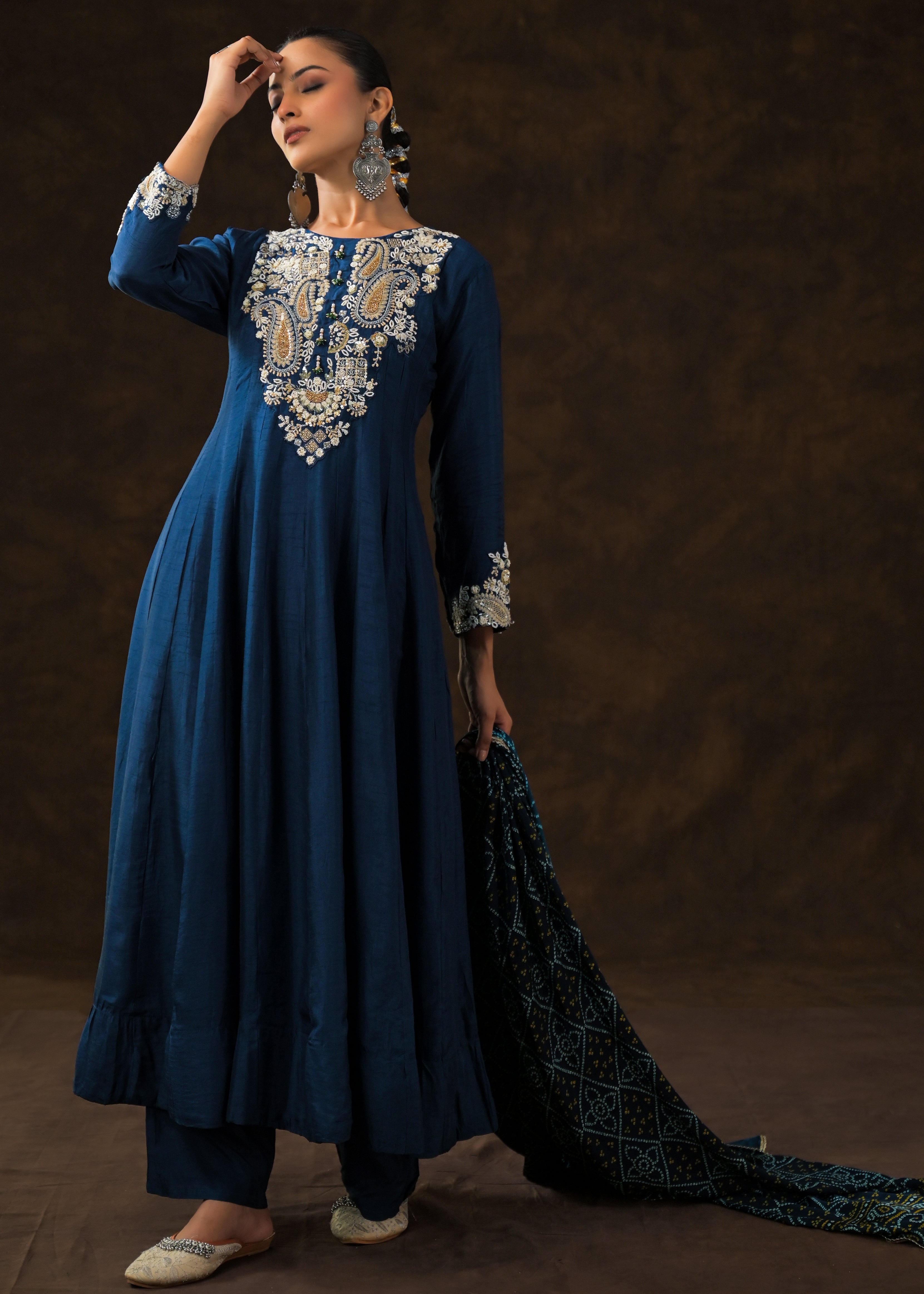 Teal Blue Embellished Raw Silk Anarkali Set
