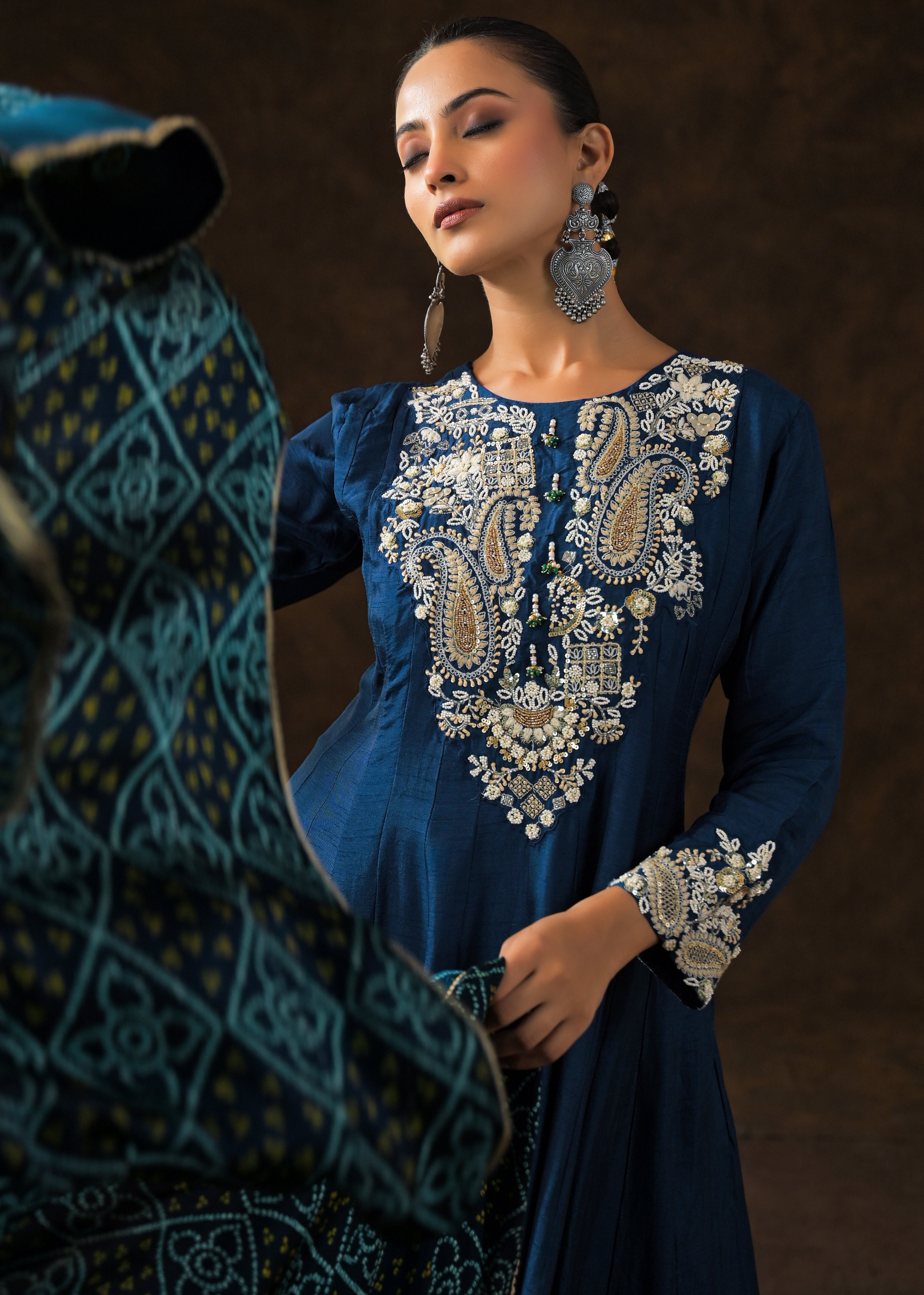 Teal Blue Embellished Raw Silk Anarkali Set