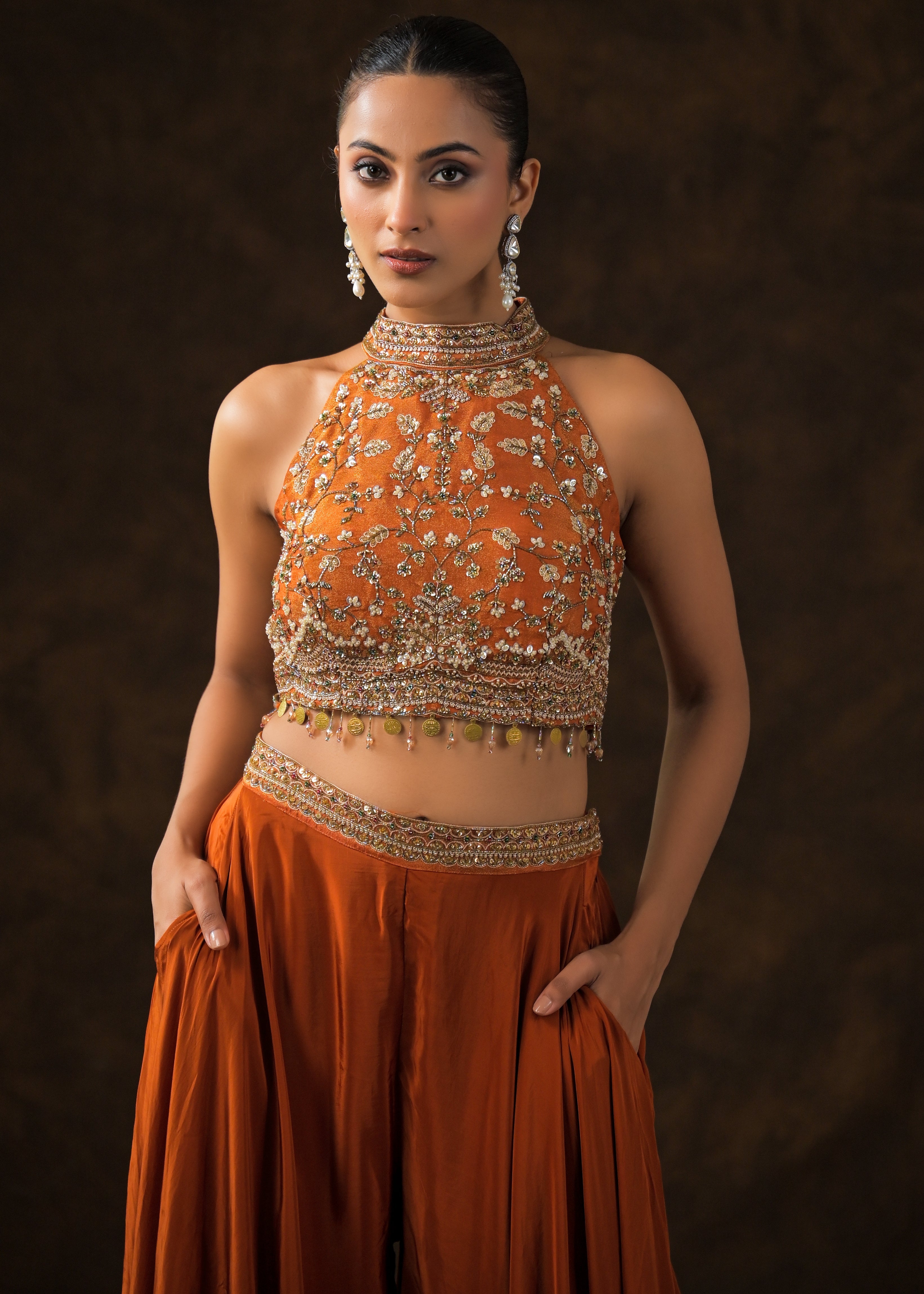 Burnt Orange Embellished Satin Silk Palazzo Set