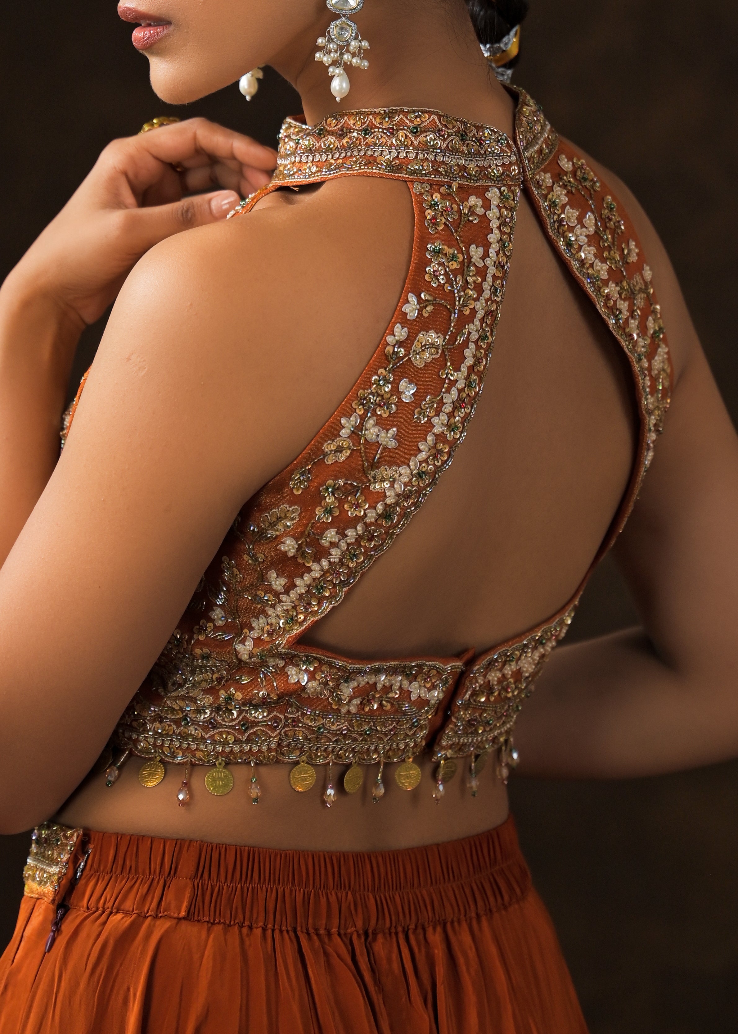 Burnt Orange Embellished Satin Silk Palazzo Set