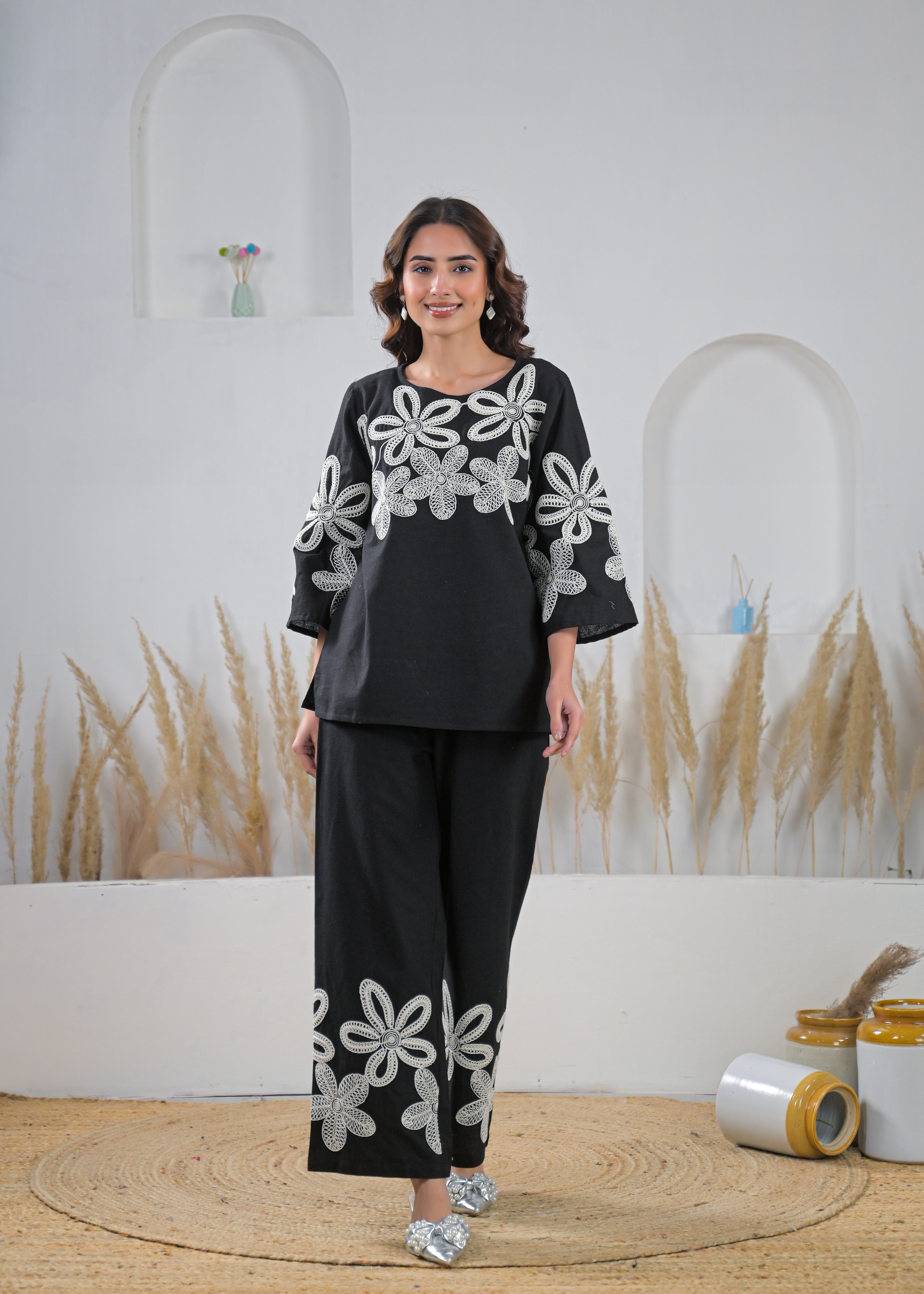 Noir Embroidered Cotton Linen Co-Ord Set