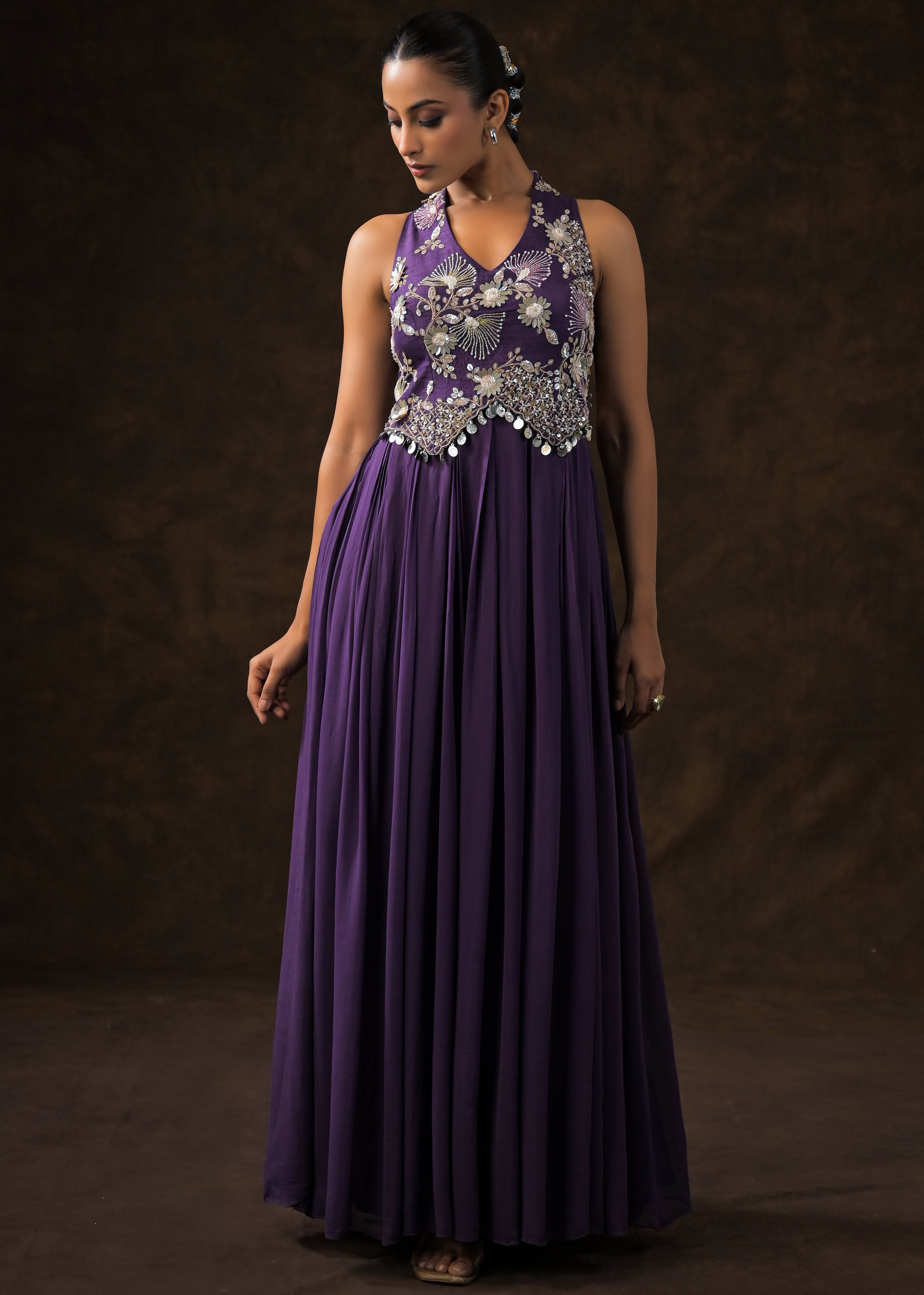 Regal Violet Embellished Georgette Silk Gown