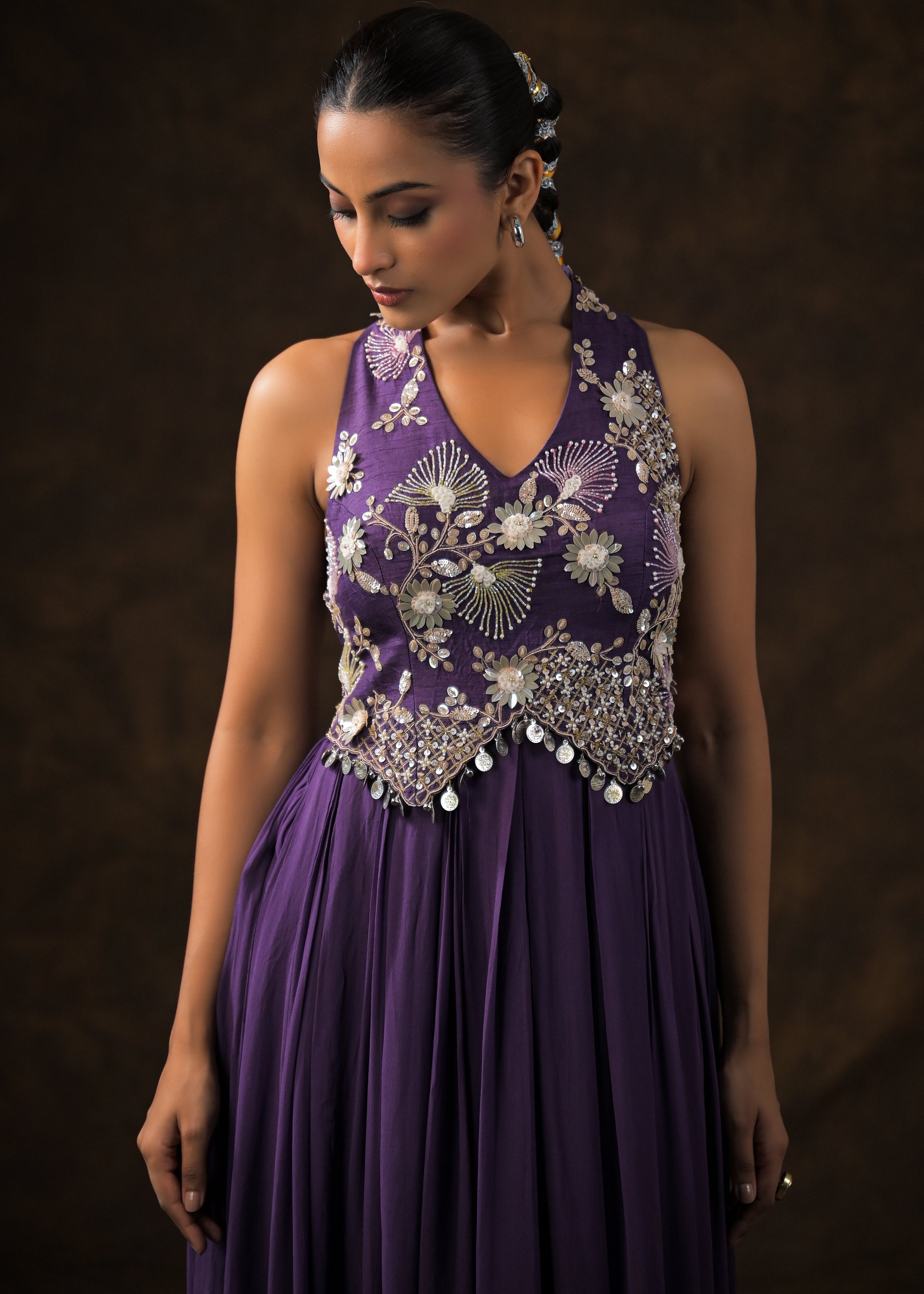Regal Violet Embellished Georgette Silk Gown