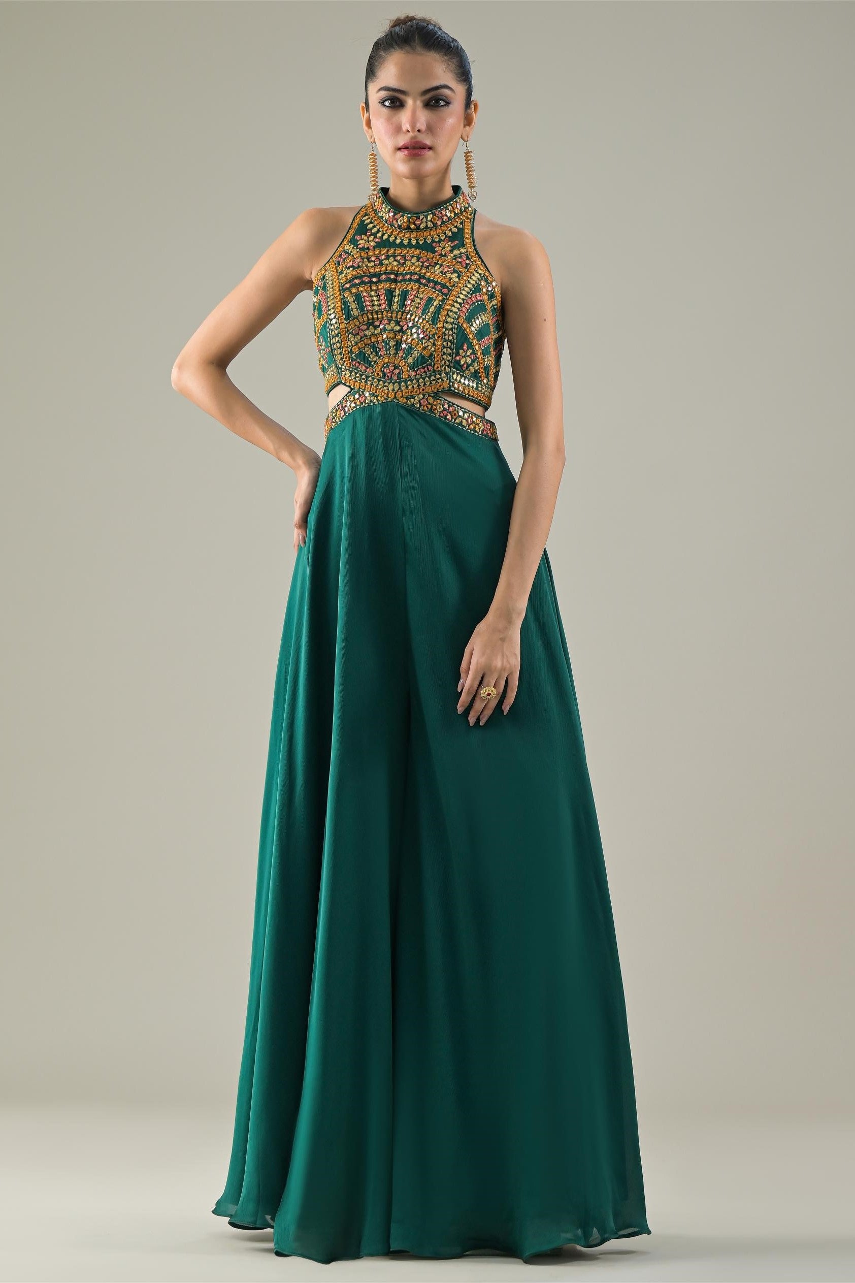 Deep Green Embroidered Chinon Satin Silk Jumpsuit 5XL / Chinon Satin Silk / Made to Order in 30-45 Days