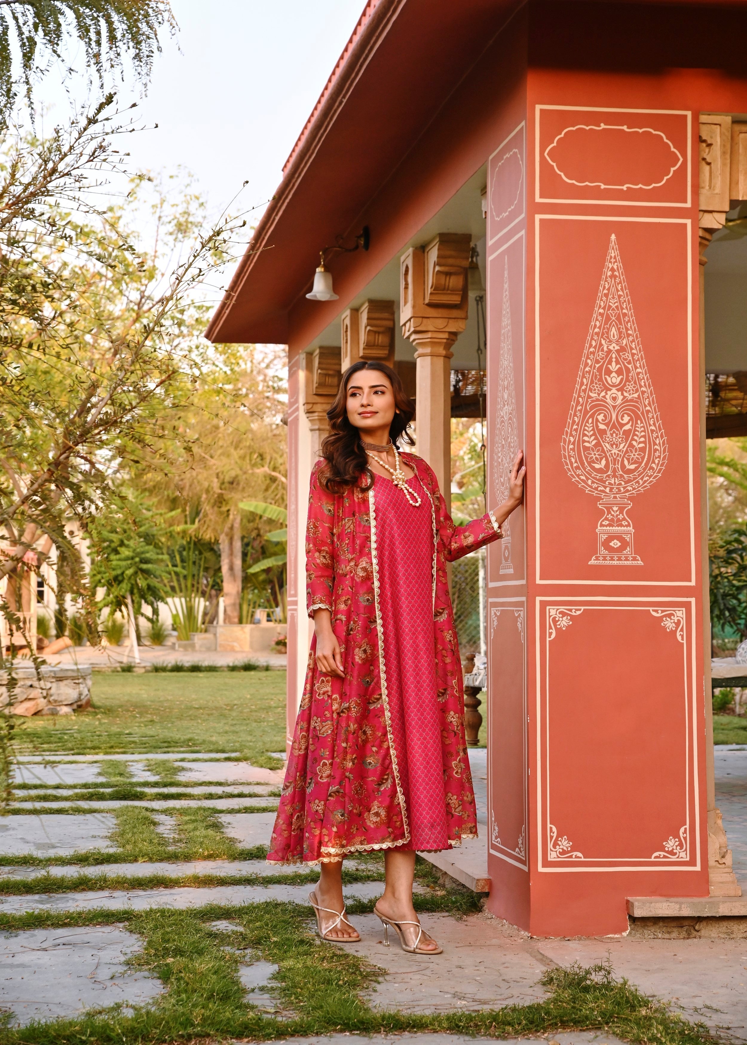 Crimson Pink Printed Chanderi Silk Tunic Dress