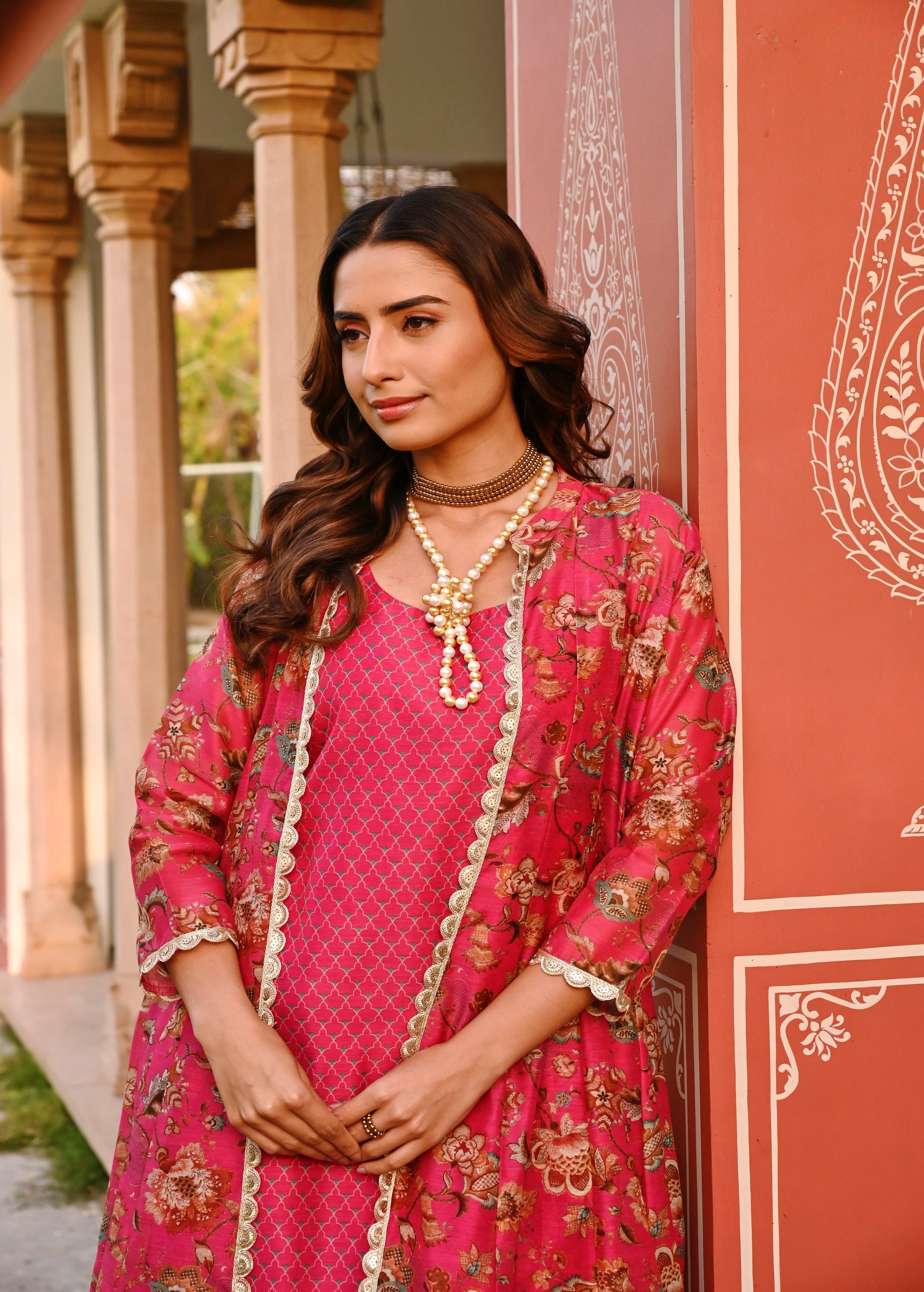 Crimson Pink Printed Chanderi Silk Tunic Dress