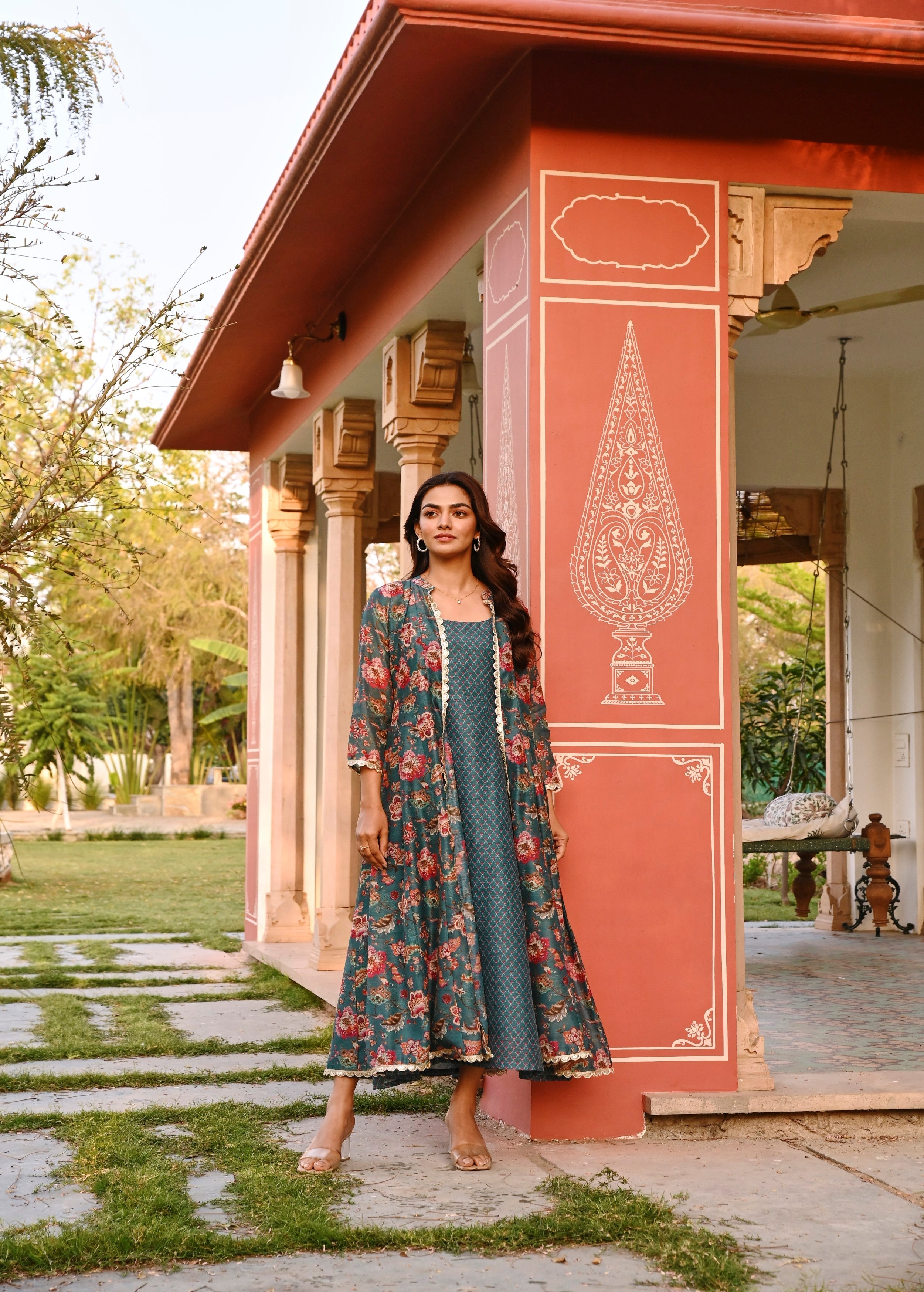 Dark Green Printed Chanderi Silk Tunic Dress