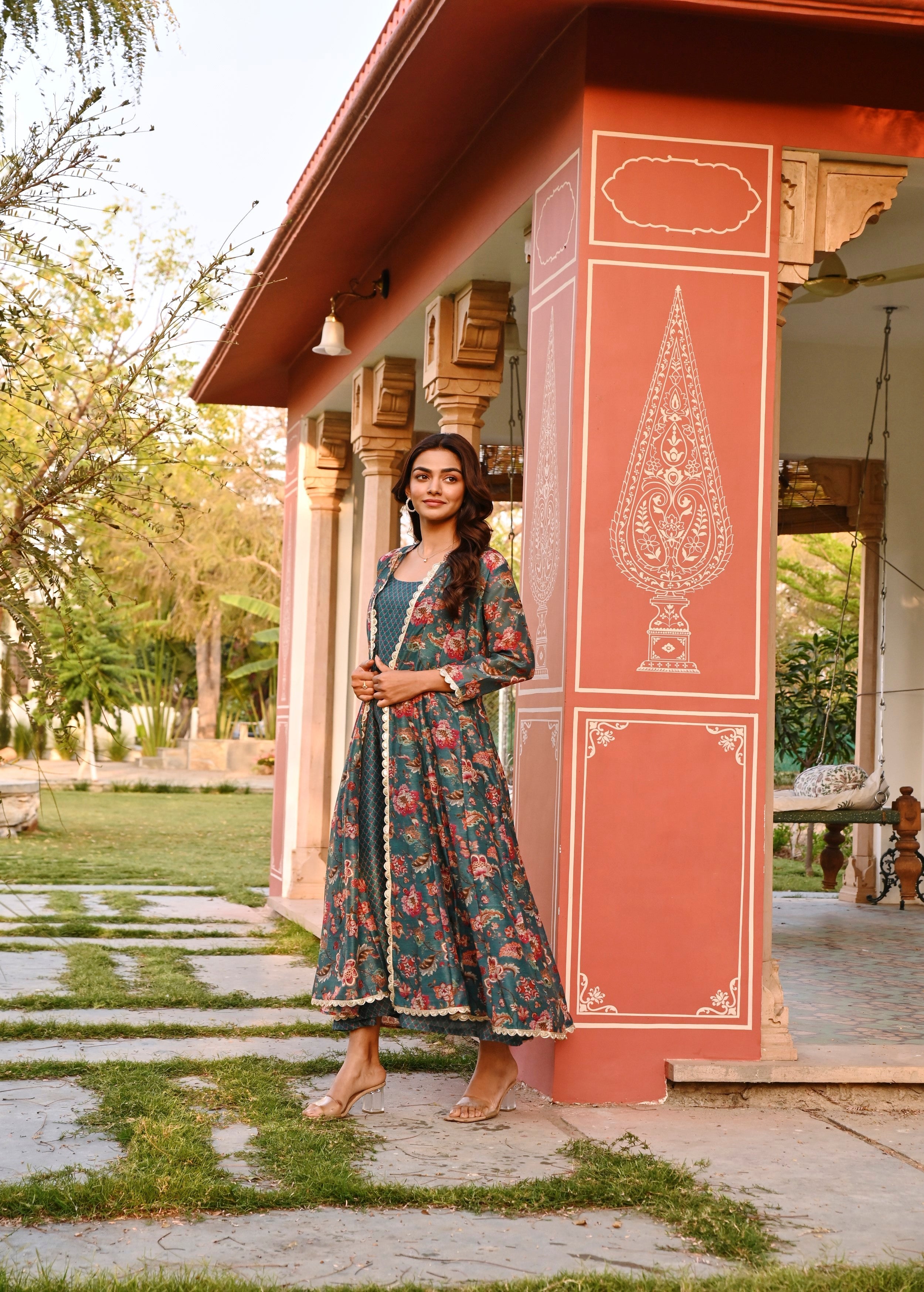 Dark Green Printed Chanderi Silk Tunic Dress