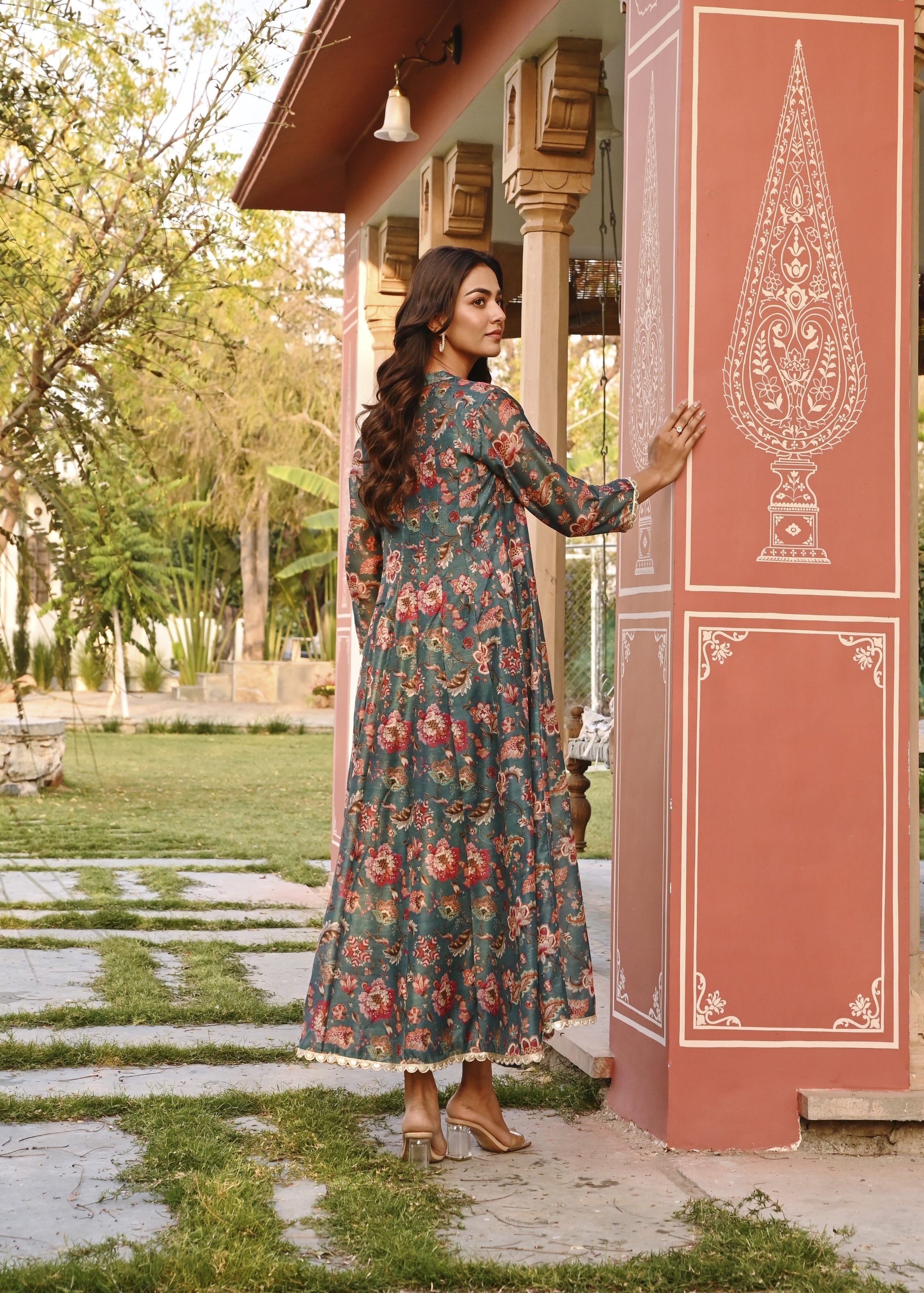 Dark Green Printed Chanderi Silk Tunic Dress