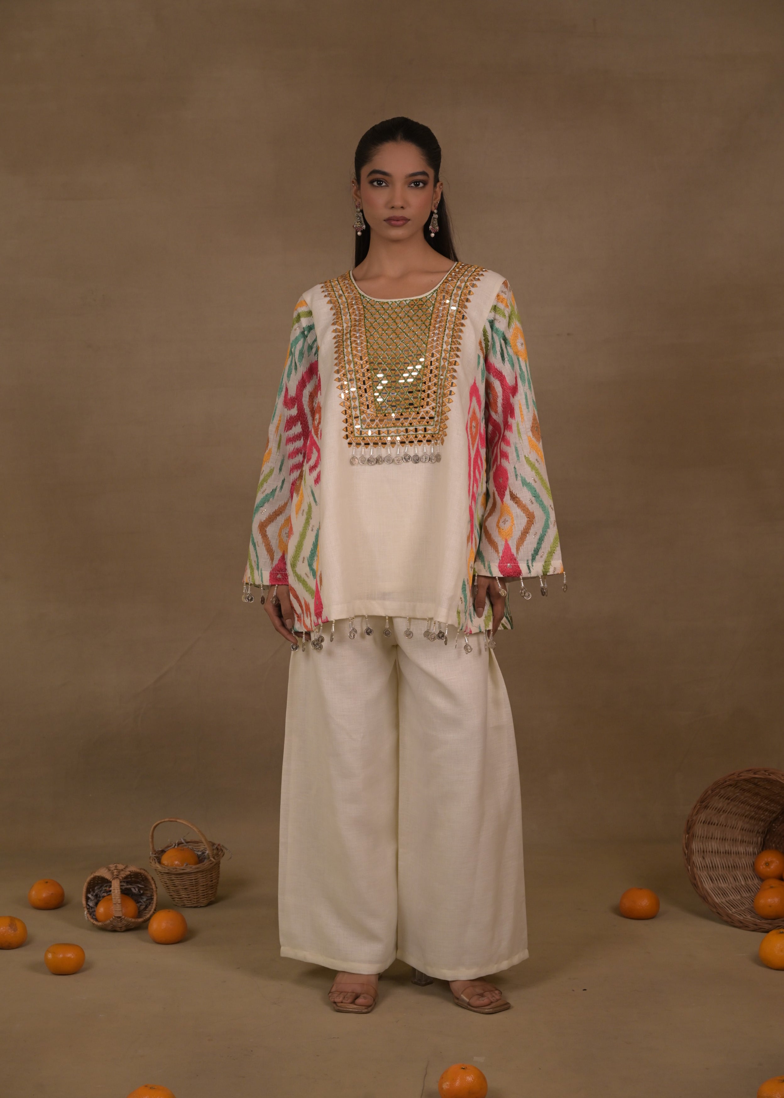 Cream Ikat Embellished Linen Co-Ord Set