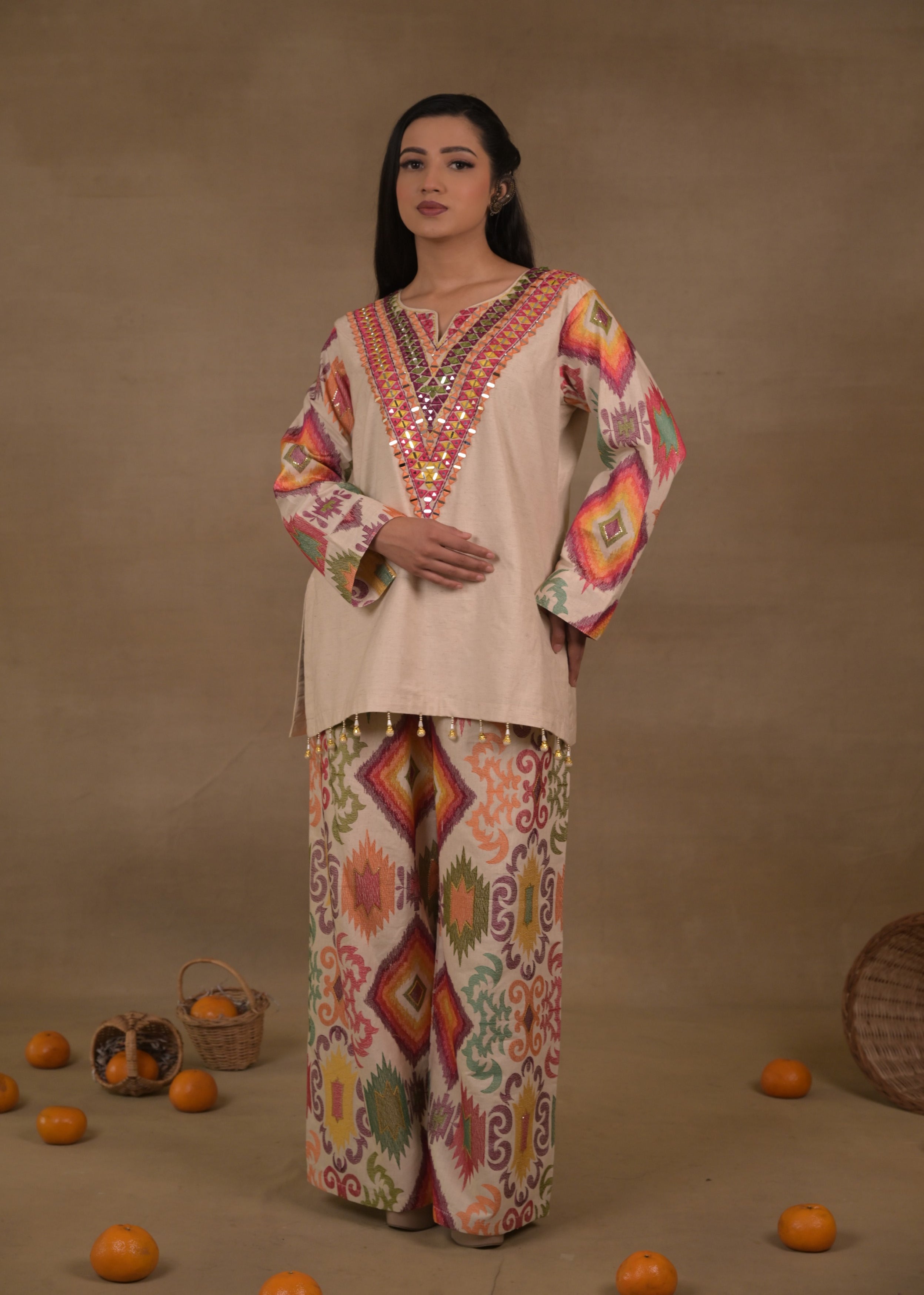 Sand Beige Embellished Linen Co-Ord Set