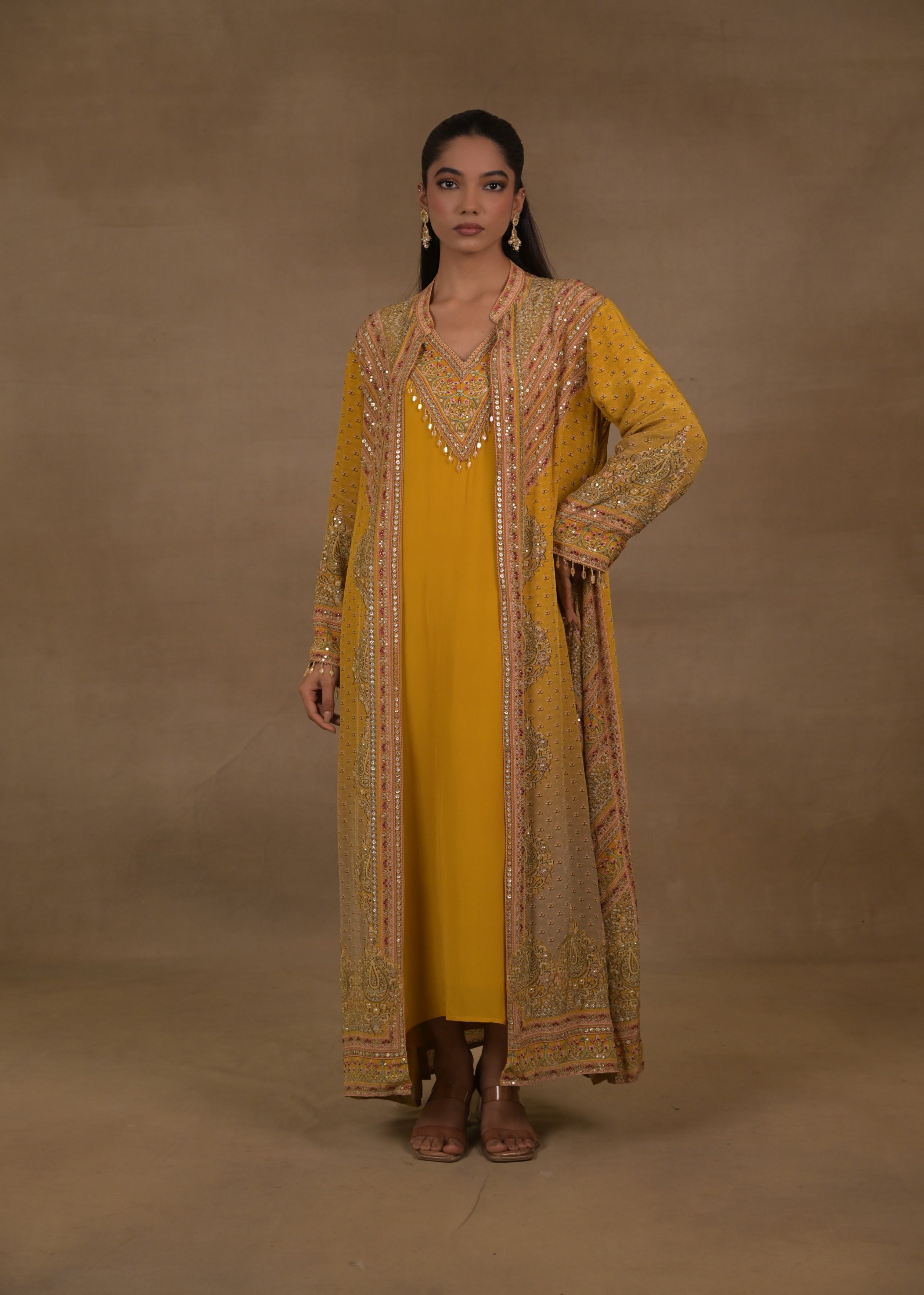 Amber Yellow Embellished Crepe Silk Dress With Jacket