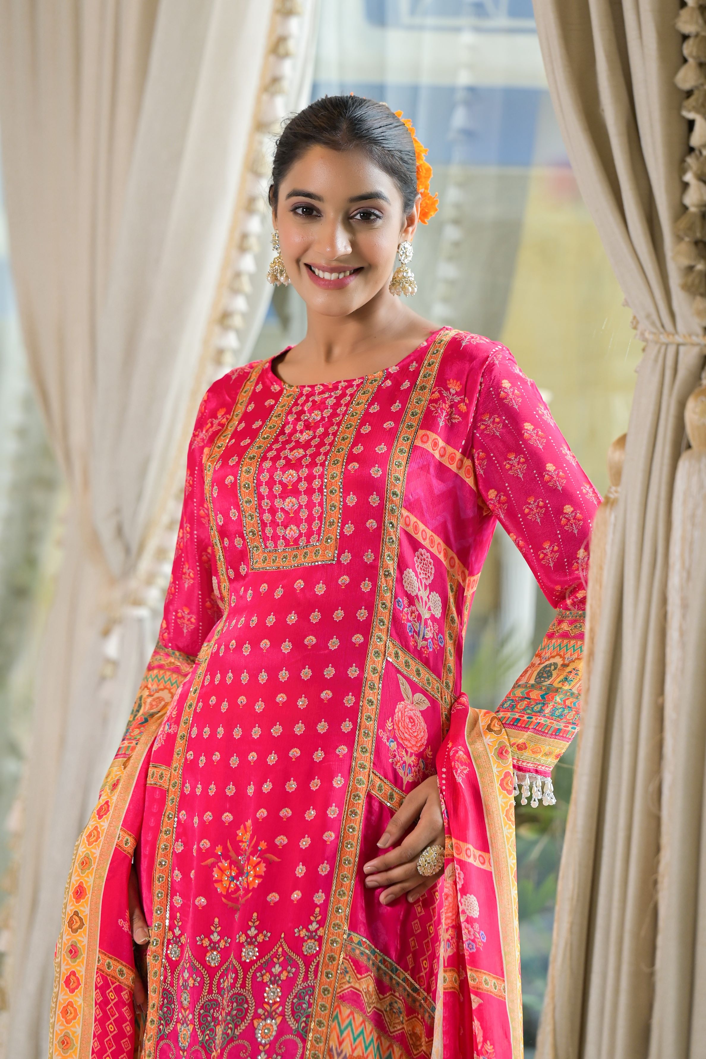 Dark Pink Ethnic Printed Chinon Silk Pants Set