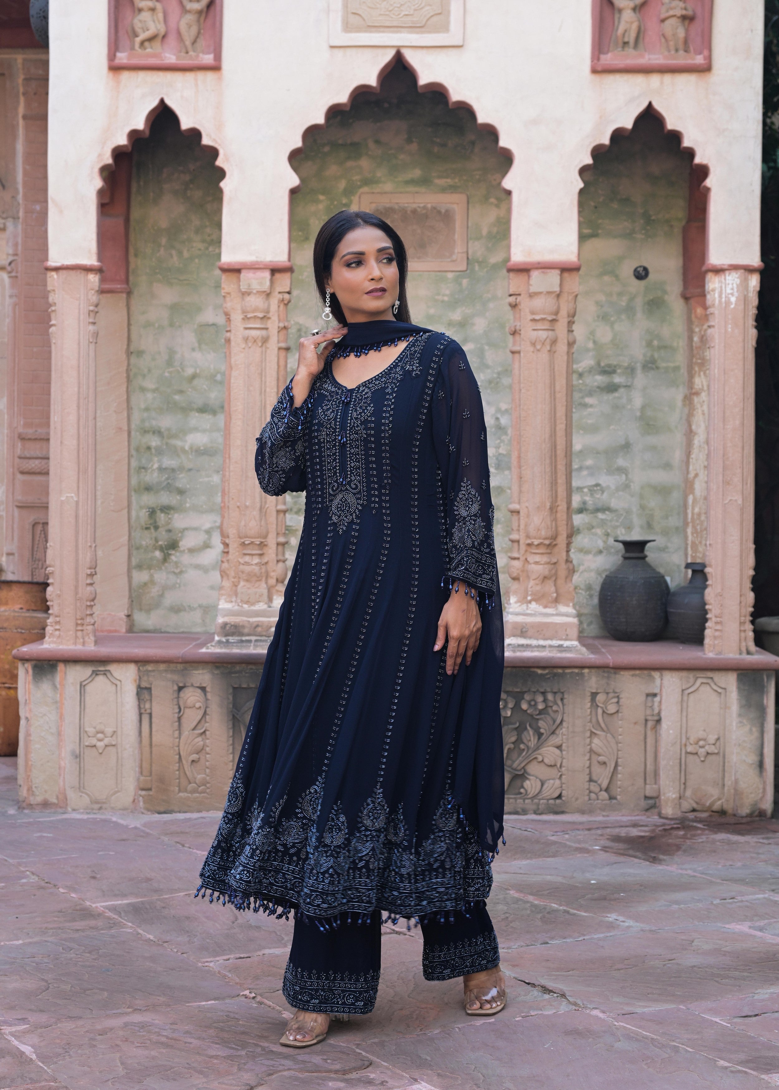 Navy Blue Embellished Georgette Silk Anarkali Set