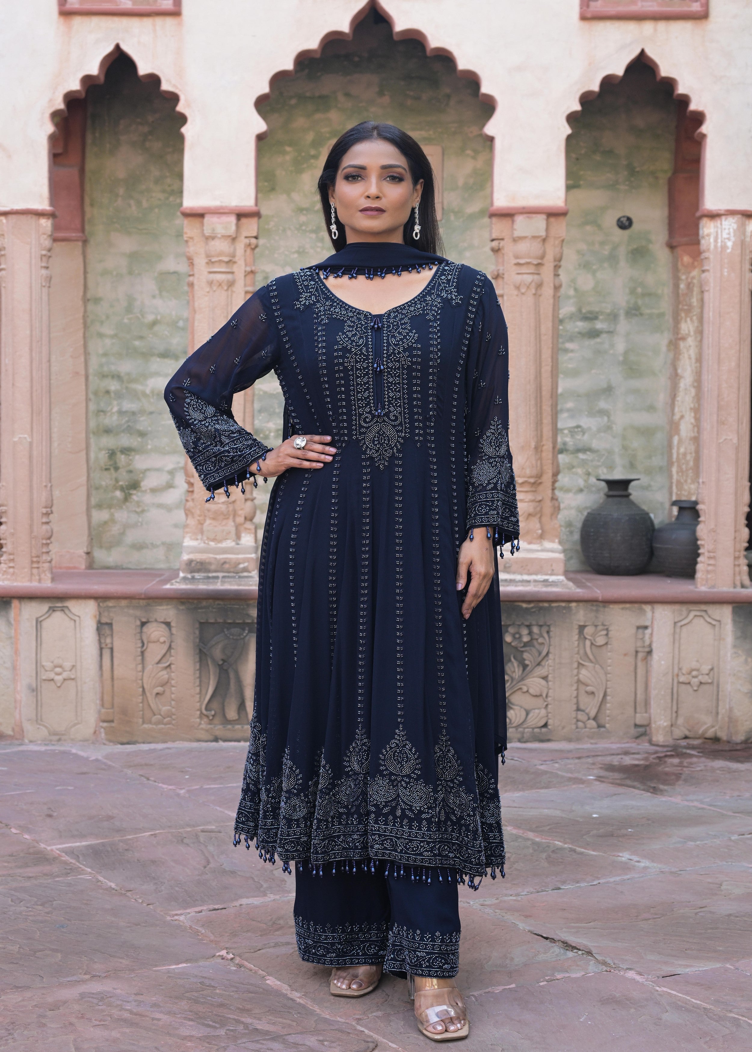 Navy Blue Embellished Georgette Silk Anarkali Set